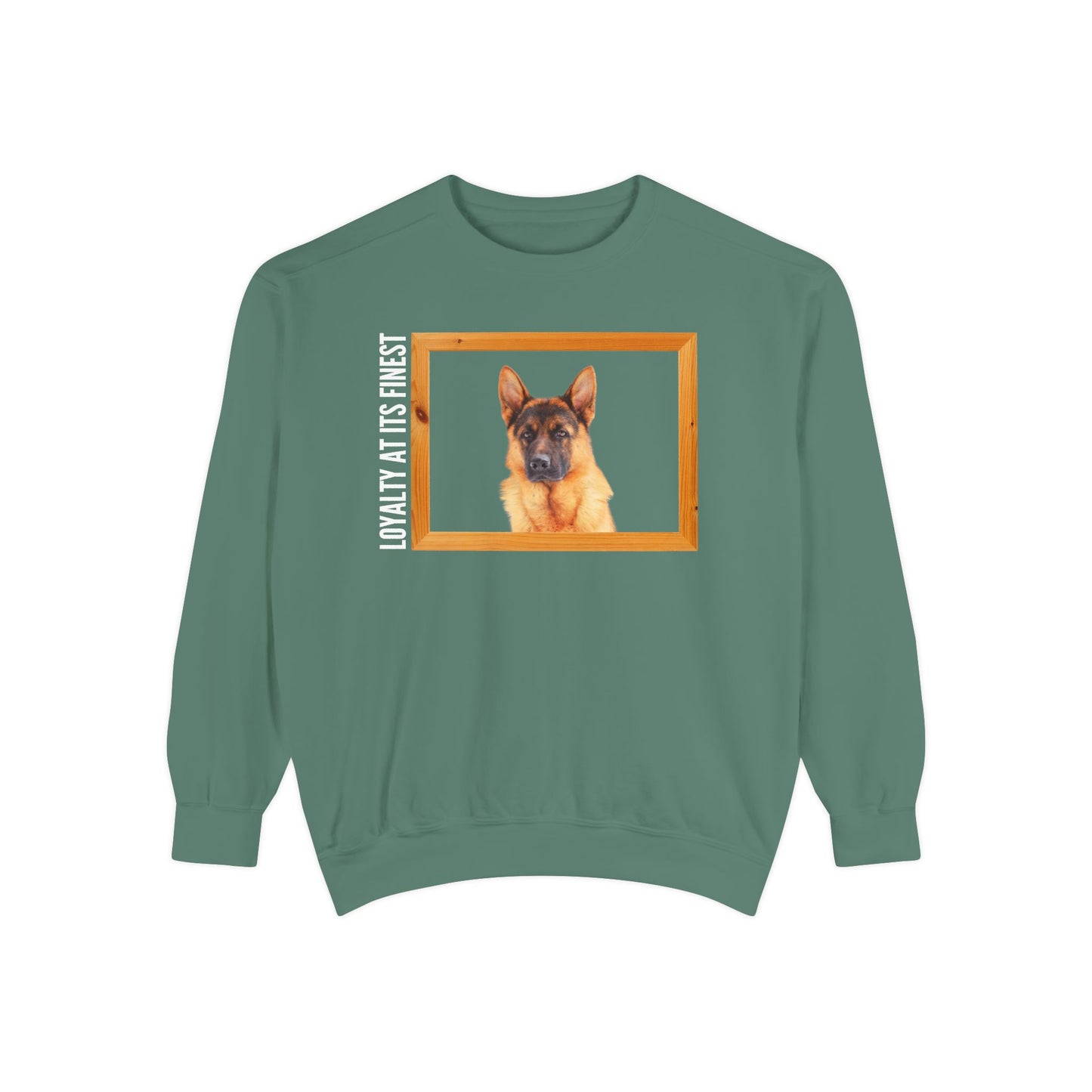 Unisex Dog Lover Sweatshirt With a German Shepherd's Head Inside a Wooden Frame and Caption Loyalty at Its Finest
