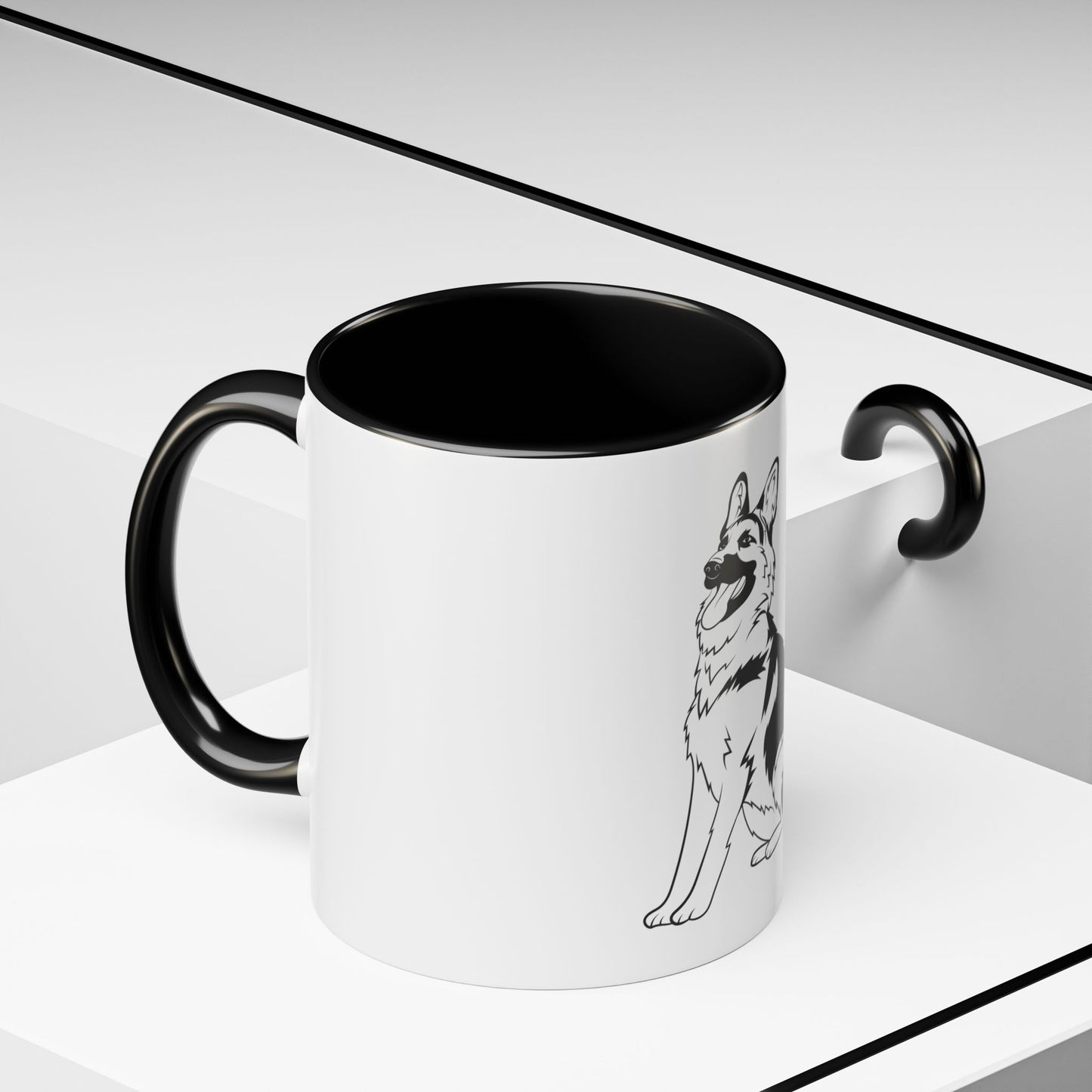Accent Ceramic Dog Lover Coffee Mug With a Graphic of Black and Transparent German Shepherd Sloppily Sitting