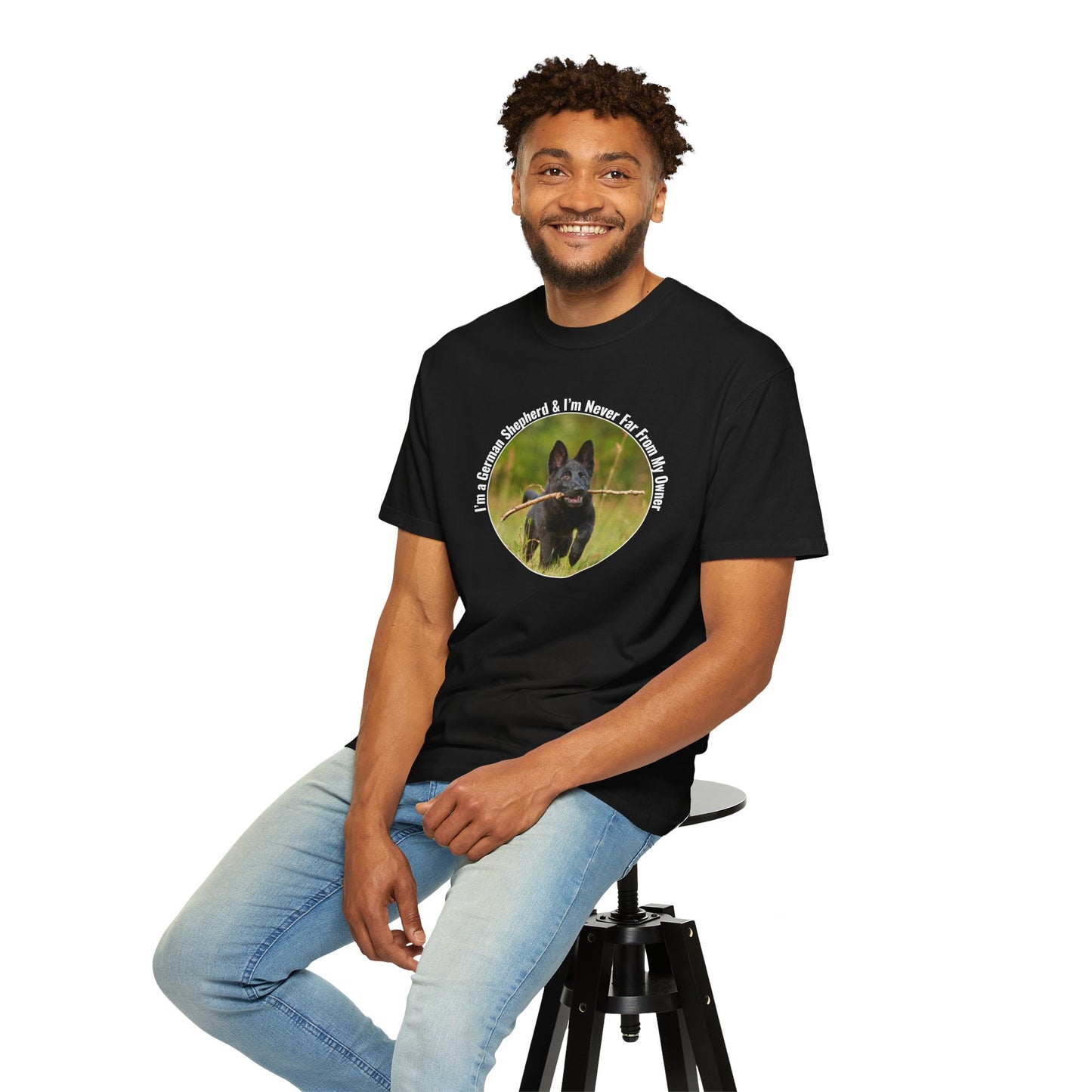 Unisex T-Shirt With Black German Shepherd Running on the Grass Holding a Stick in the Mouth and Quote I’m a German Shepherd and I’m Never Far From My Owner