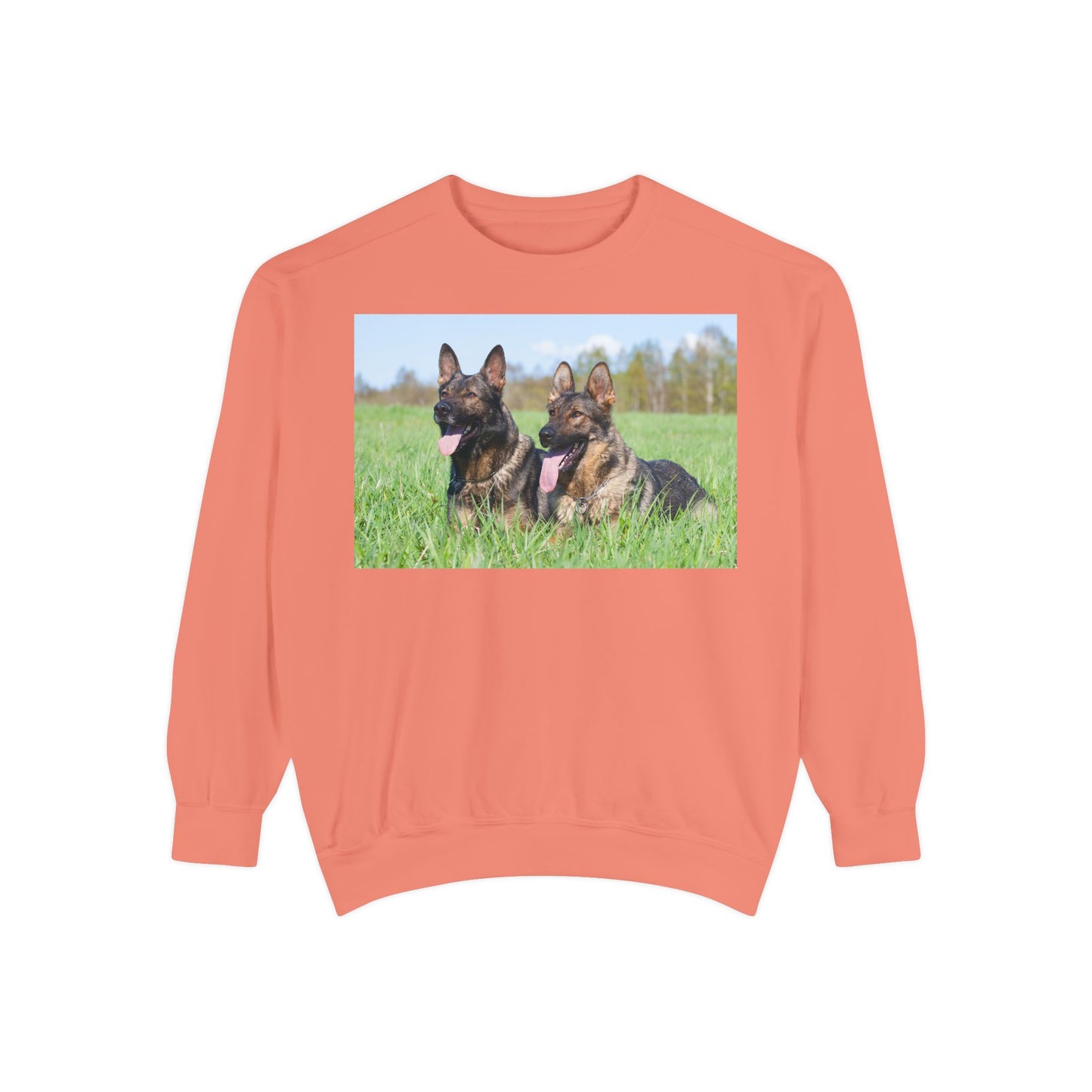 Unisex Dog Lover Sweatshirt With Two Giant German Shepherds Lying on the Grass With Tongues Out