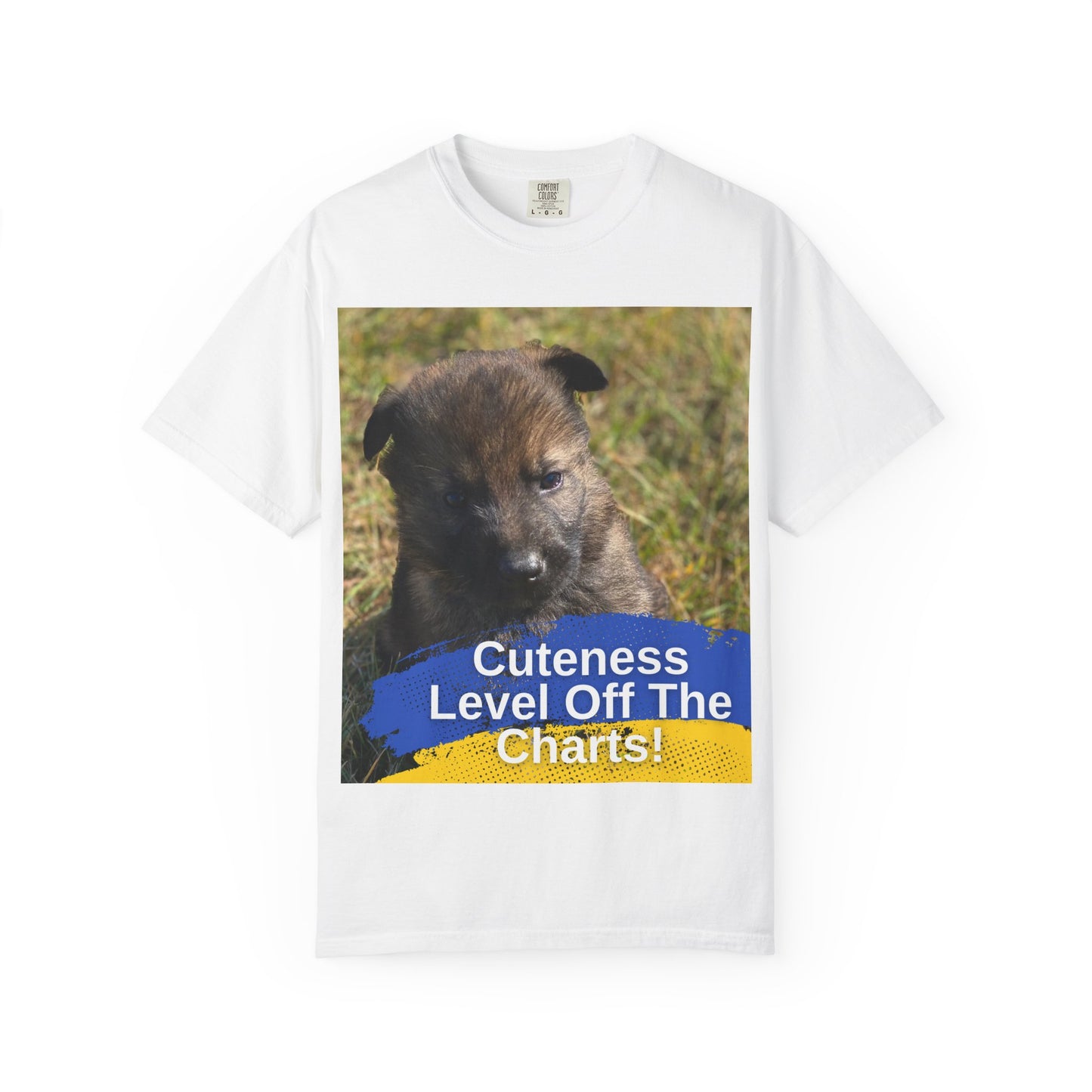 Unisex Dog Lover T-Shirt Featuring a German Shepherd Puppy and Caption Cuteness Level Off The Charts