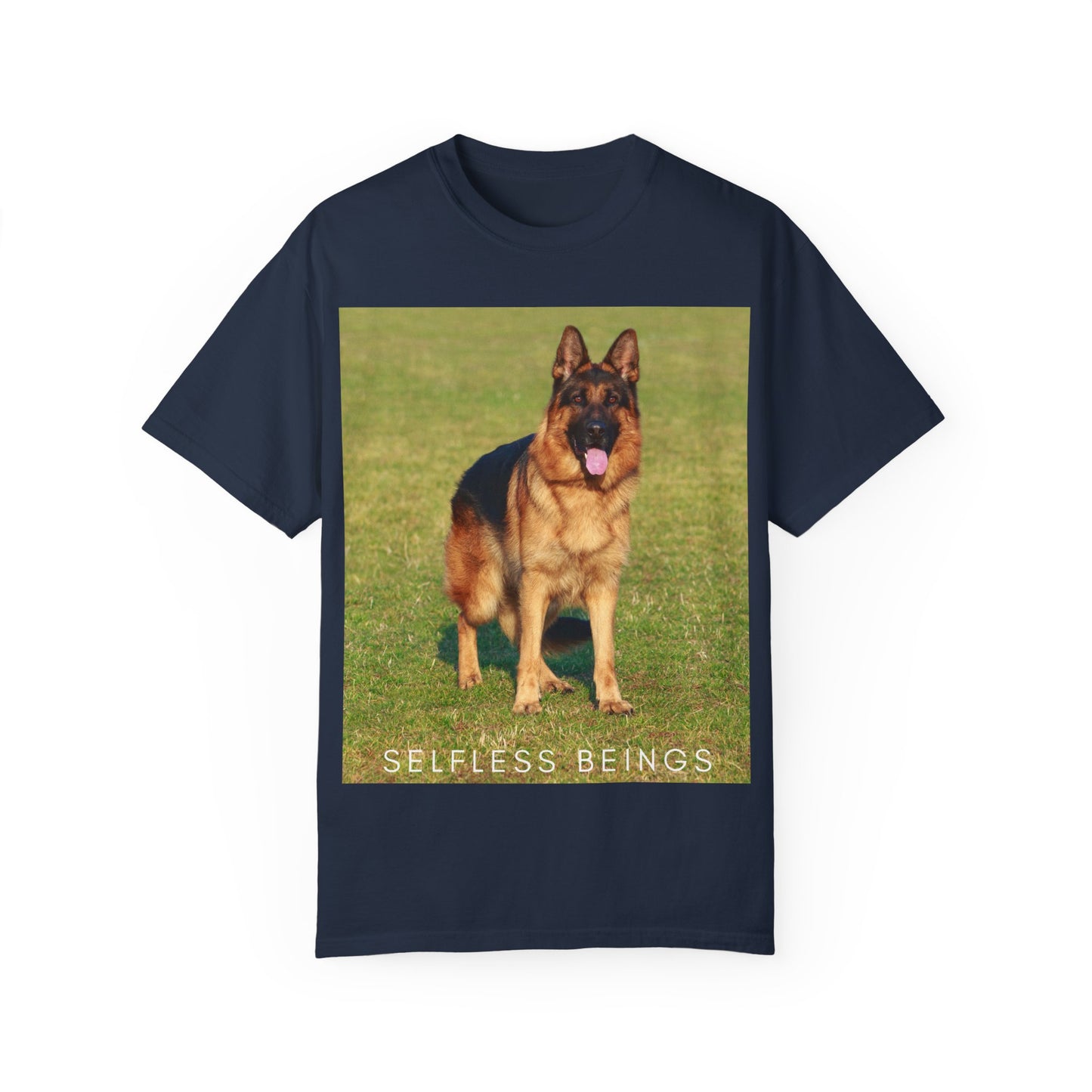 Unisex Dog Lover T-shirt With a German Shepherd on the Sports Grass Field and Caption Selfless Beings