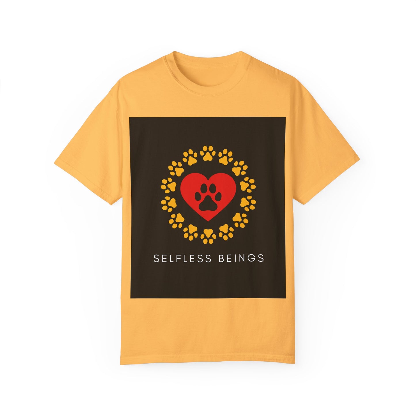 Unisex Dog Lover T-Shirt With Graphic of Yellow Paw Prints In Circle Contain Red Heart Which Contains Black Dog Paw Print Inside and Caption Selfless Beings