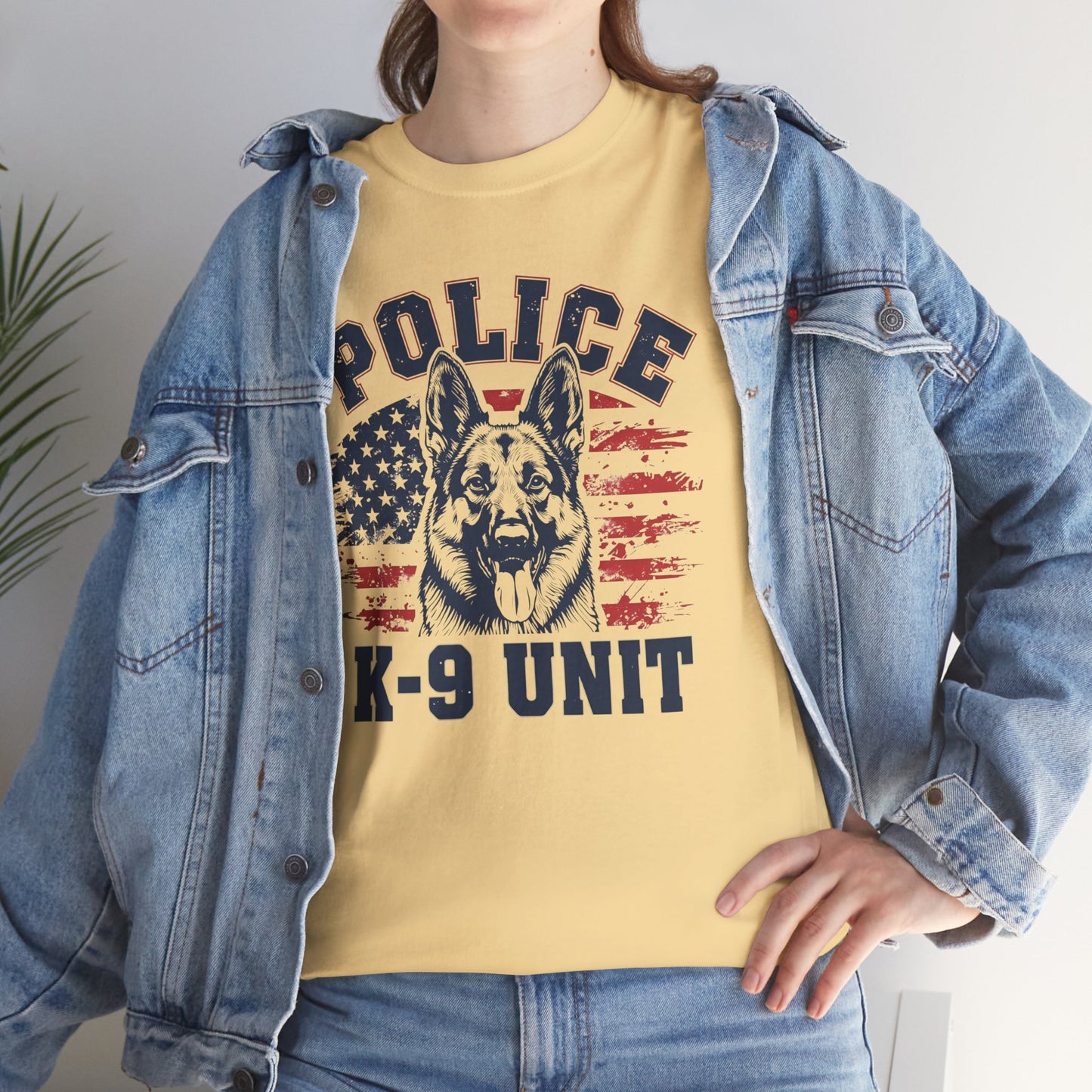 Patriotic Police K-9 Unit T-Shirt With American Flag in Background, Unisex Heavy Cotton Tee