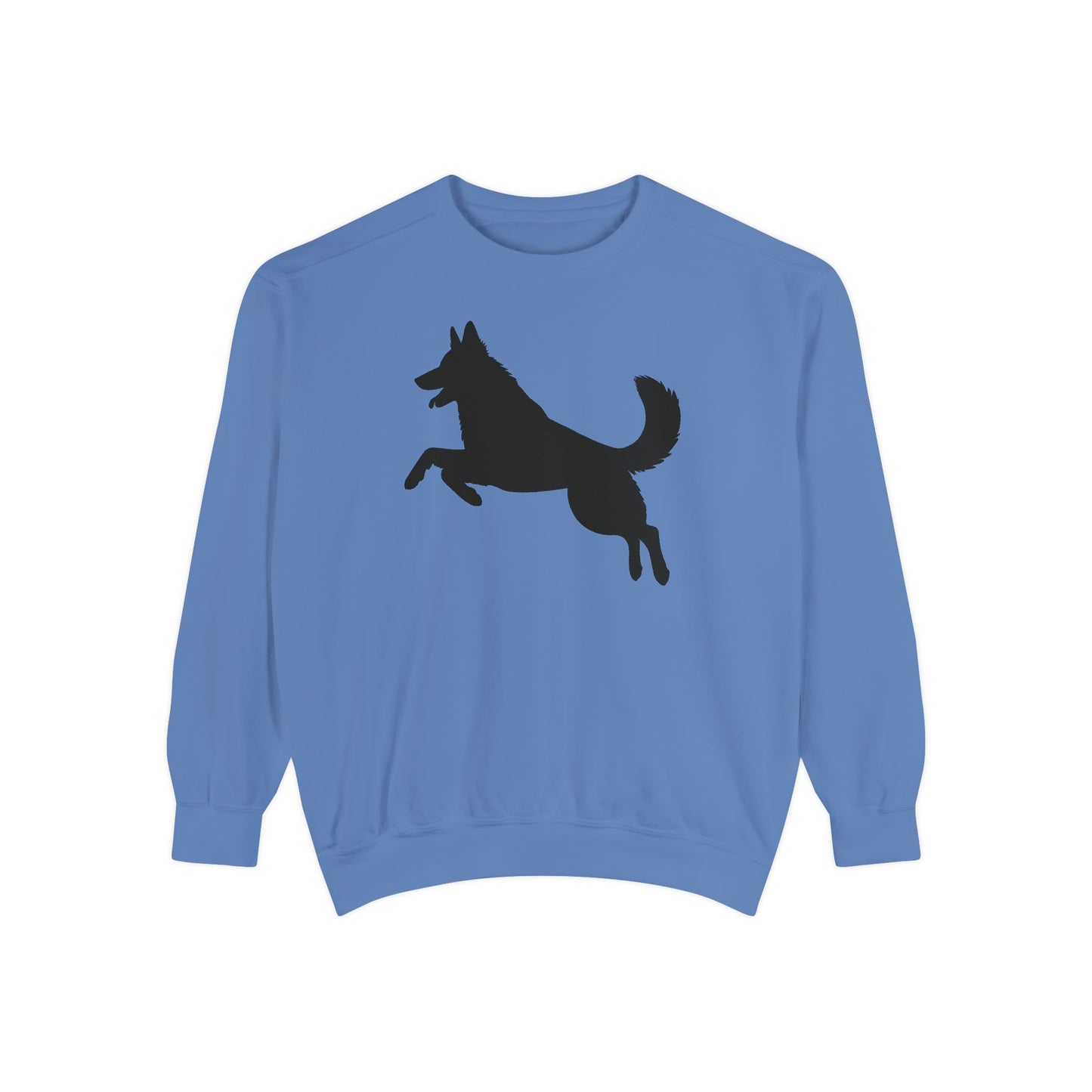 Unisex Dog Lover Sweatshirt With a Graphic of Solid Black German Shepherd Jumping in the Air