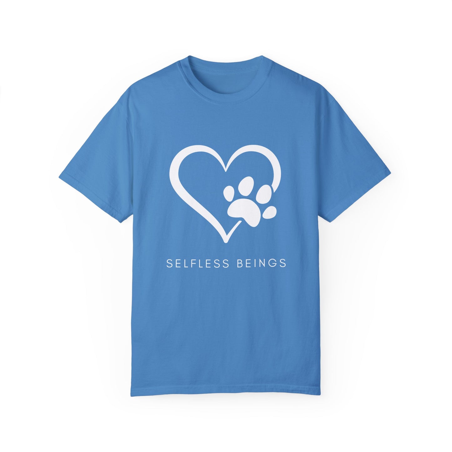 Unisex Dog Lover T-Shirt With Graphic of Heart Whose Right Side Contains Dog Paw's Print and Caption Selfless Beings