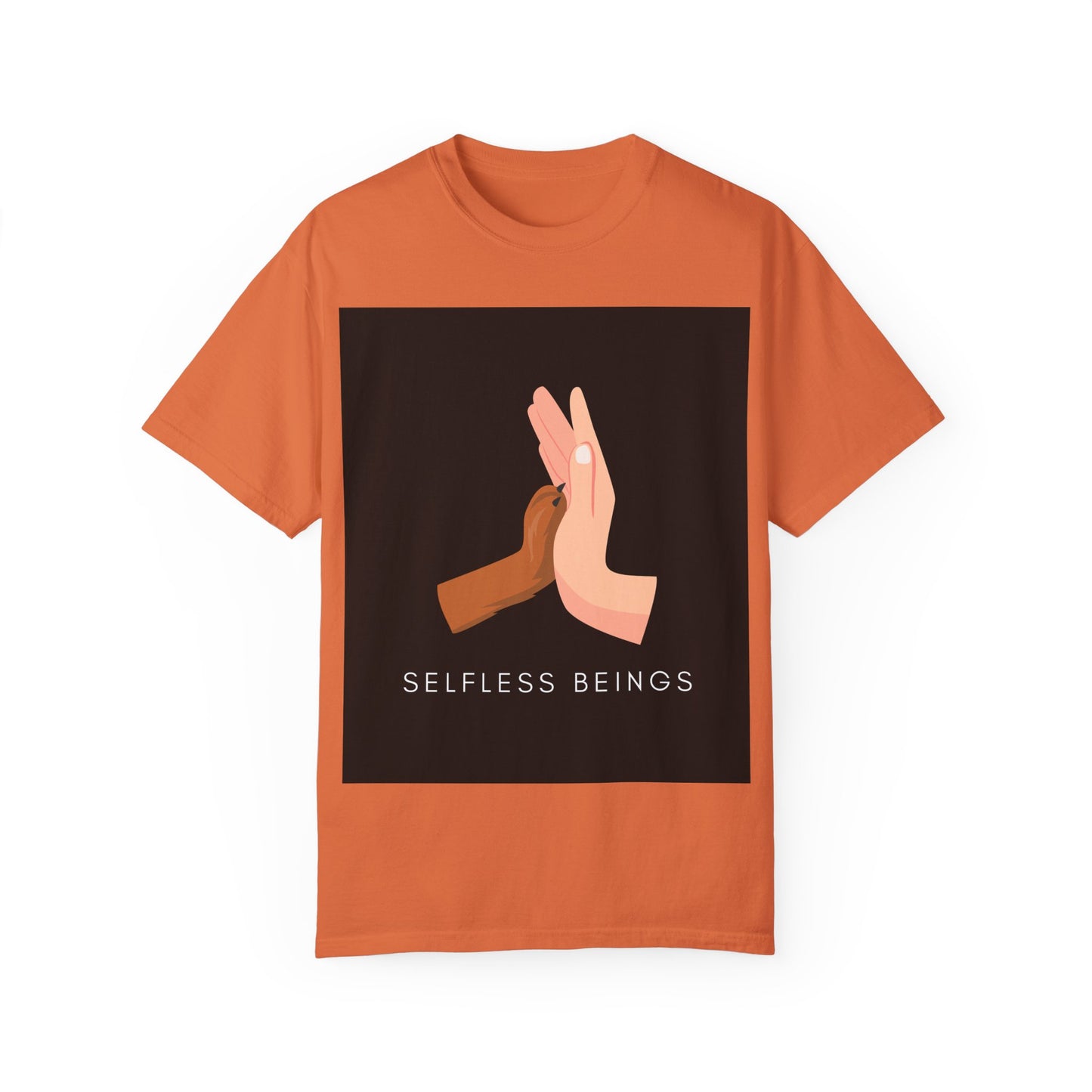 Unisex Dog Lover T-Shirt With Graphic of Human Hand Touching Dog's Paw and Selfless Beings Caption Below