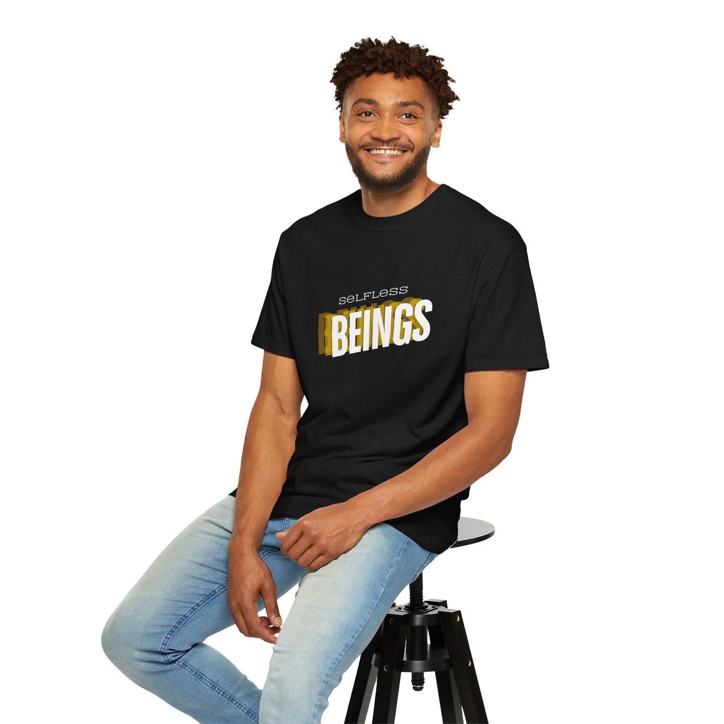 Unisex Dog Lover T-Shirt With Text "Selfless Beings" Designed Using Dark Yellow, Light Yellow and White Colors