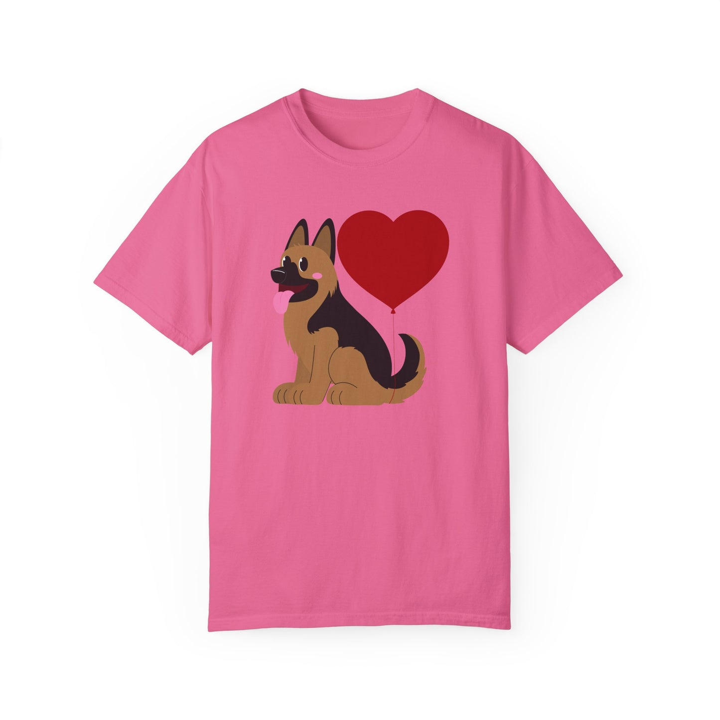 Unisex Dog Lover T-Shirt With a Graphic of German Shepherd Puppy and Heart Shaped Balloon Attached With Tail