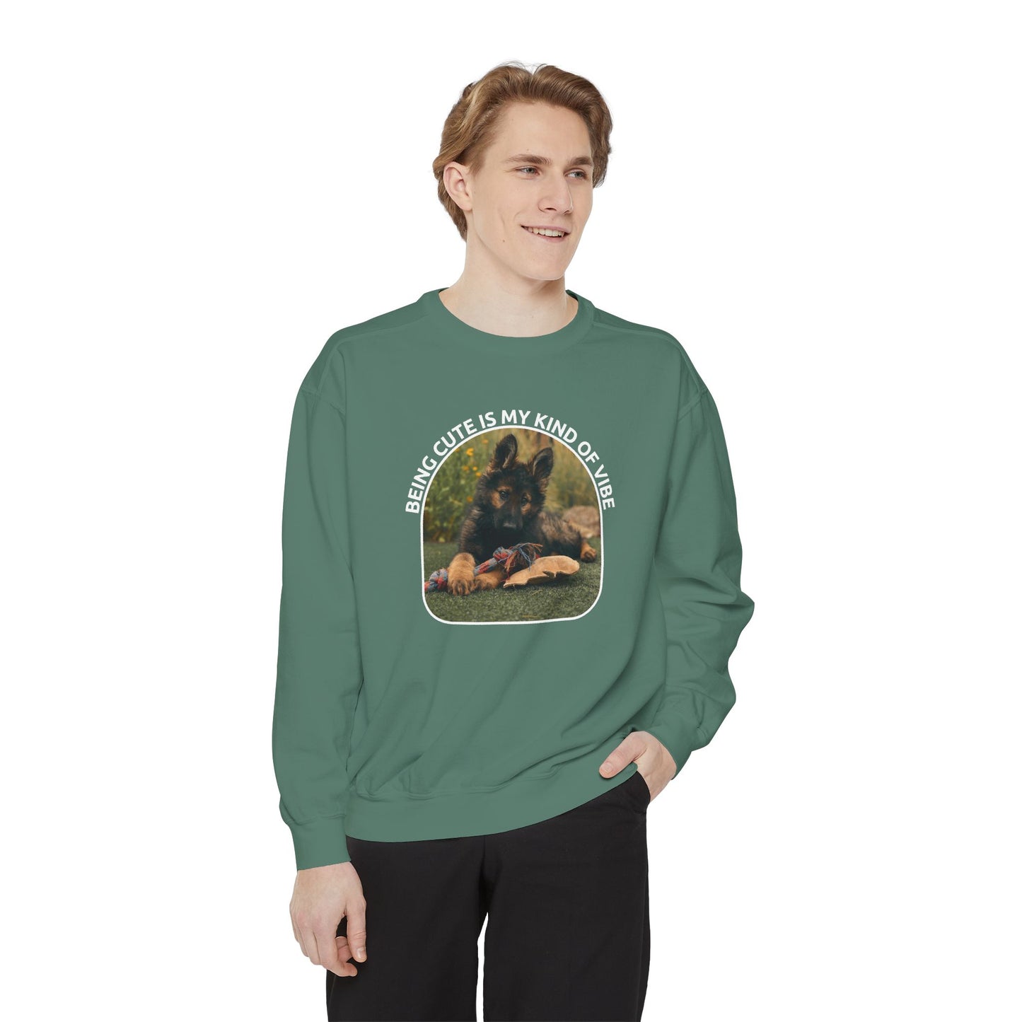 Unisex Dog Lover Sweatshirt With a German Shepherd Puppy and Caption Being Cute is My Kind of Vibe