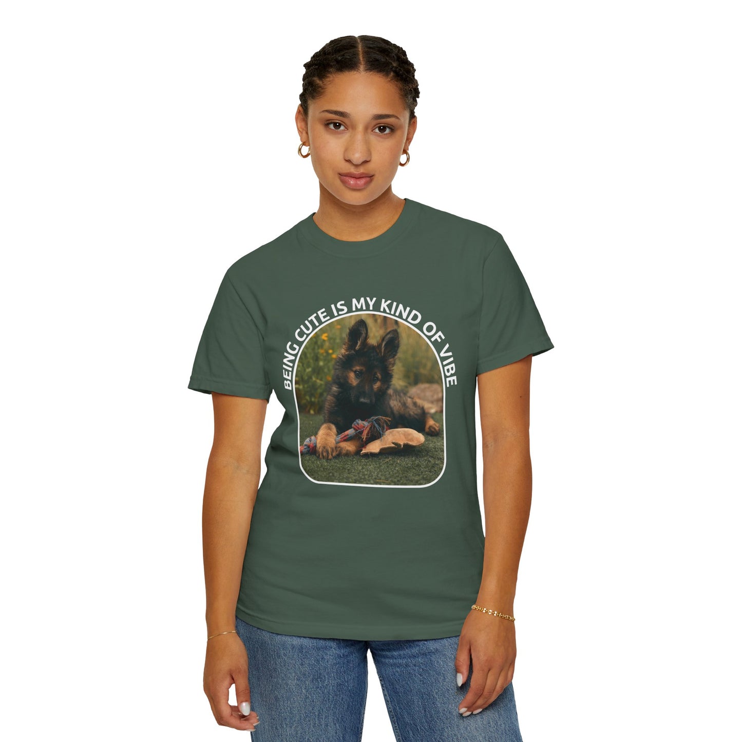 Unisex Dog Lover's T-Shirt With a German Shepherd Puppy and Caption Being Cute is My Kind of Vibe