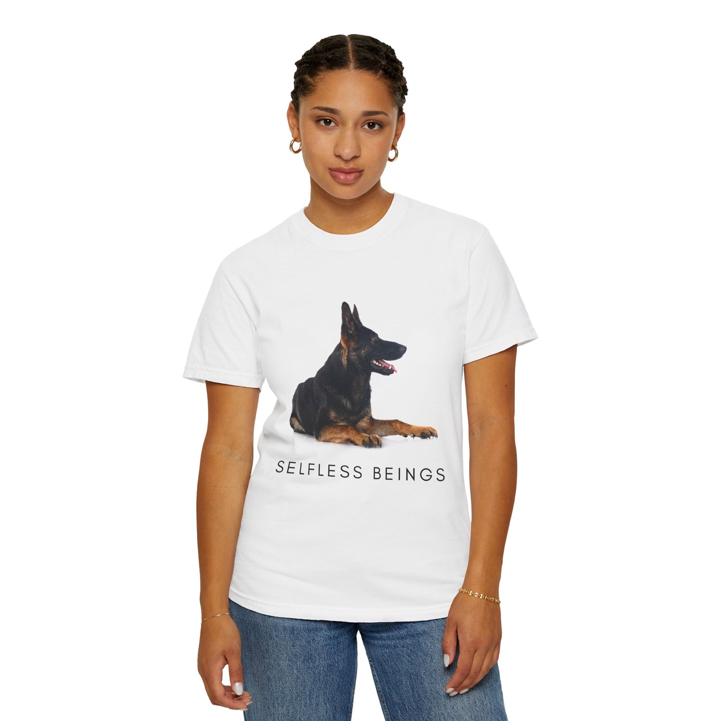 Unisex Dog Lover T-Shirt With a German Shepherd Sitting for a Pose and Caption Selfless Beings