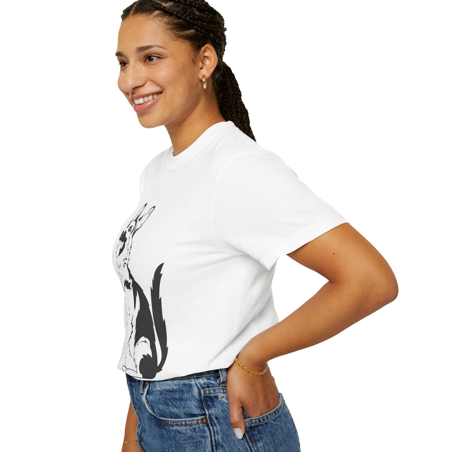 Unisex Dog Lover T-Shirt With a Graphic of Black and Transparent German Shepherd Sloppily Sitting