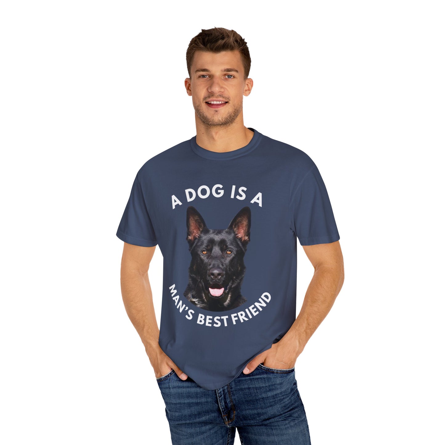 Unisex T-Shirt With Close Up Face of Giant German Shepherd and Quote A Dog Is A Man's Best Friend