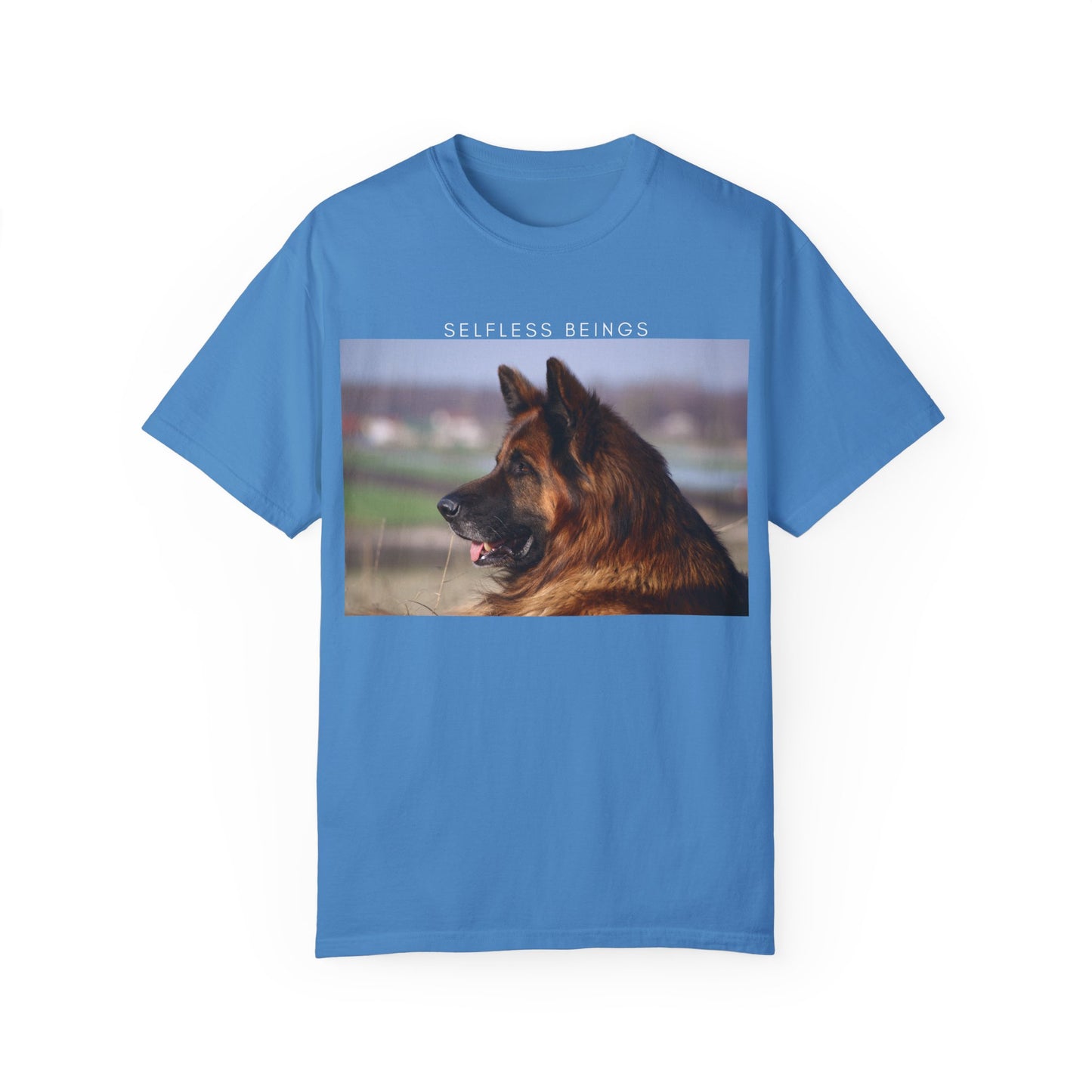 Unisex Dog Lover T-Shirt With Giant Long Coat German Shepherd Looking Straight and Caption Selfless Beings