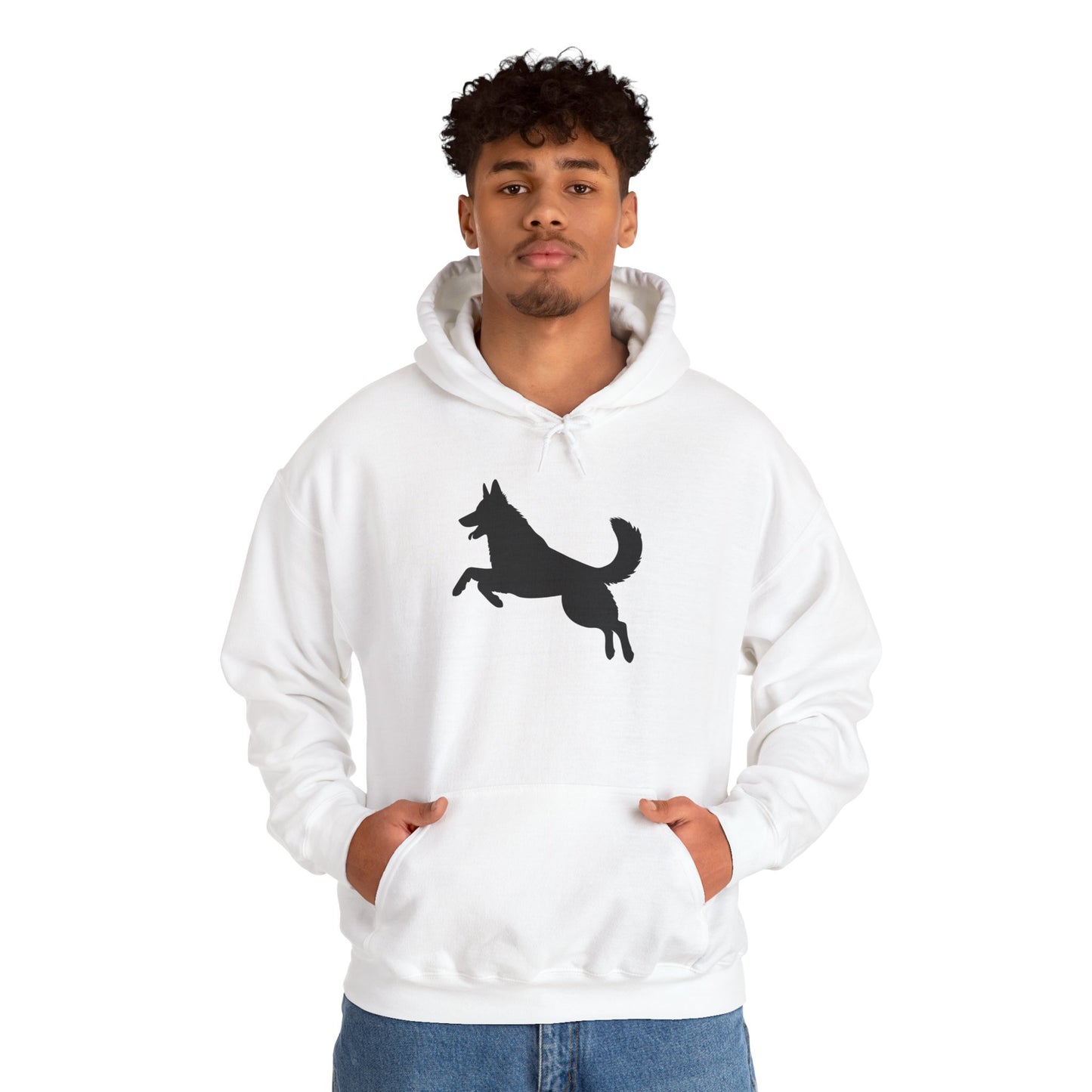 Unisex Dog Lover Hoodie With a Graphic of Solid Black German Shepherd Jumping in the Air
