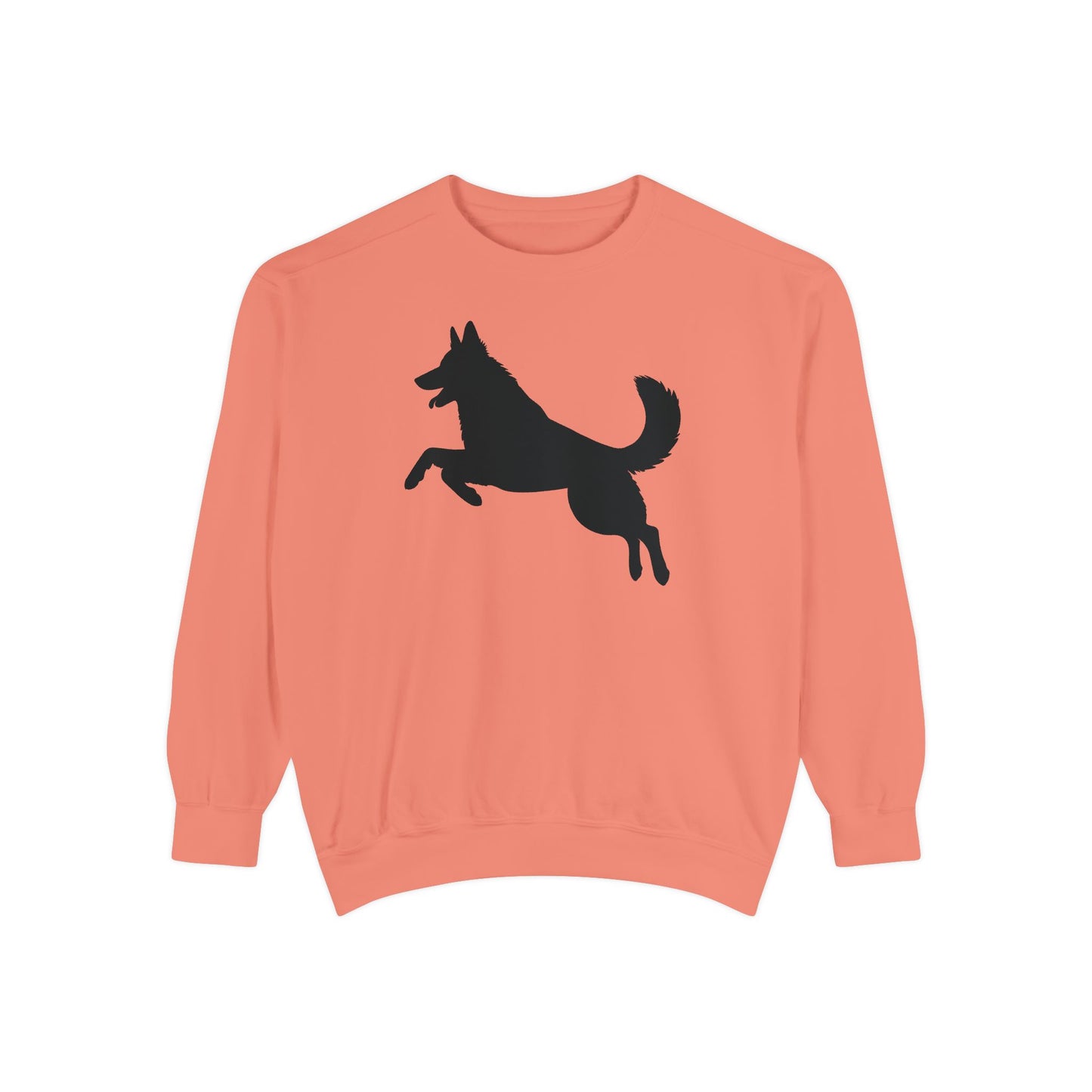 Unisex Dog Lover Sweatshirt With a Graphic of Solid Black German Shepherd Jumping in the Air