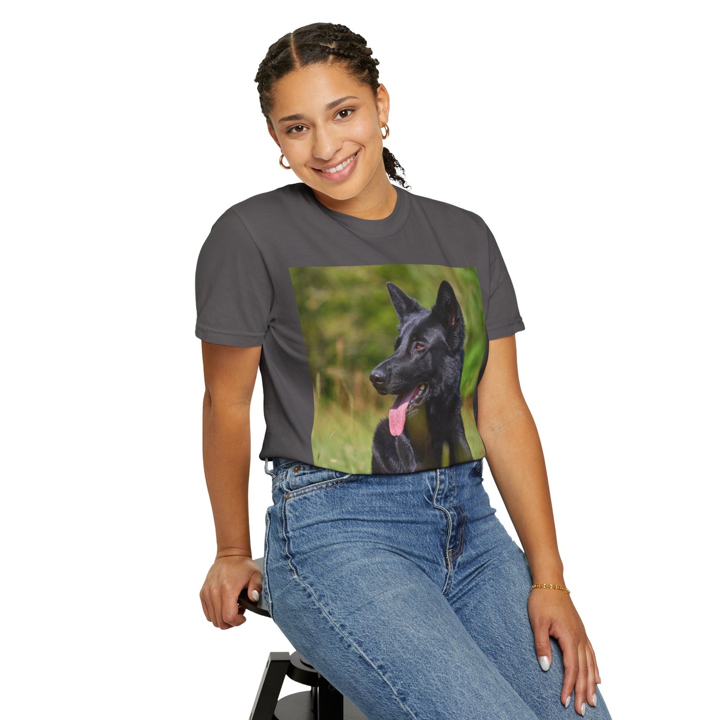Unisex Garment-Dyed T-Shirt Featuring a Black German Shepherd Resting on Grass Looking Sideways