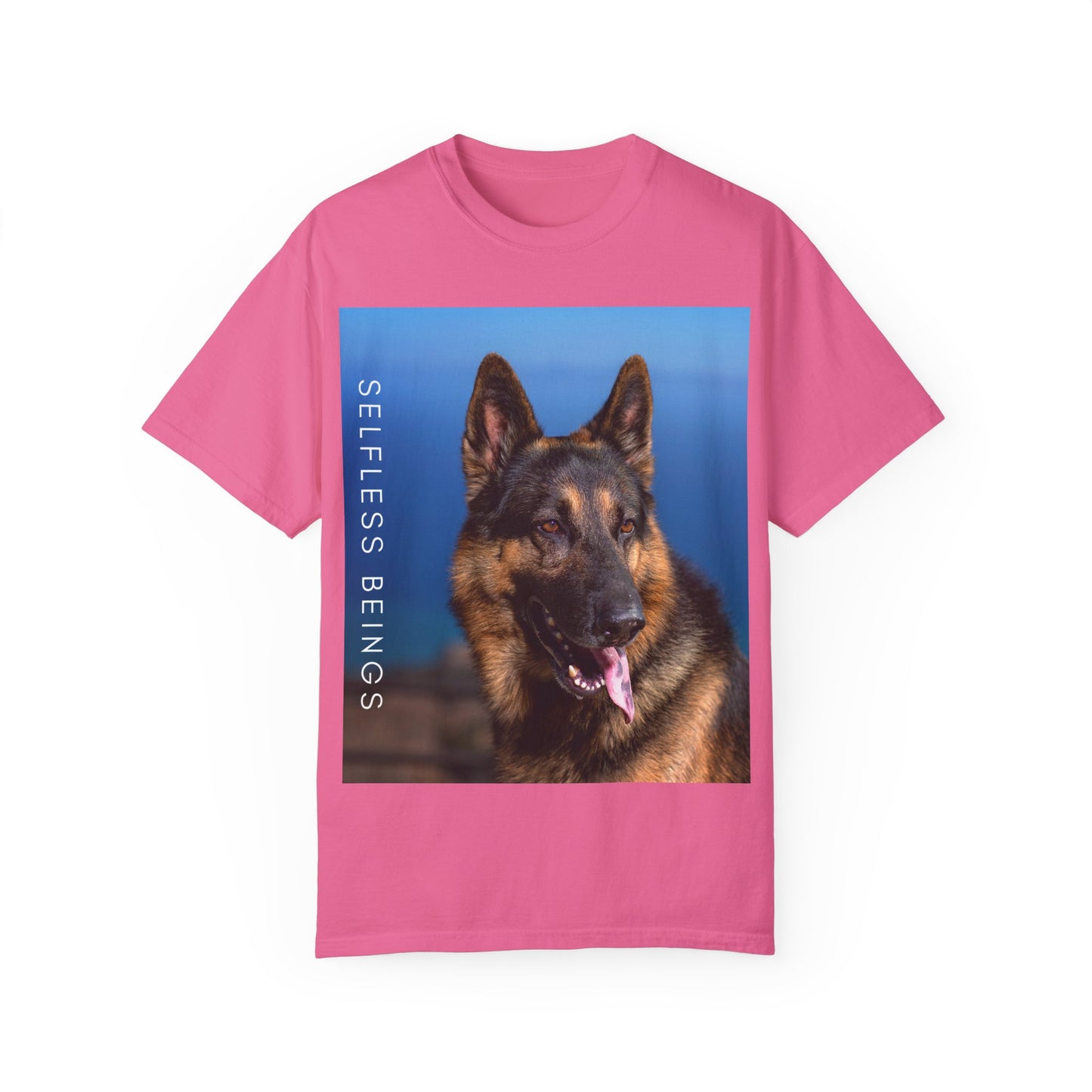 Unisex Dog Lover T-Shirt With Close Up of German Shepherd, Blue Sea in the Background and Caption Selfless Beings