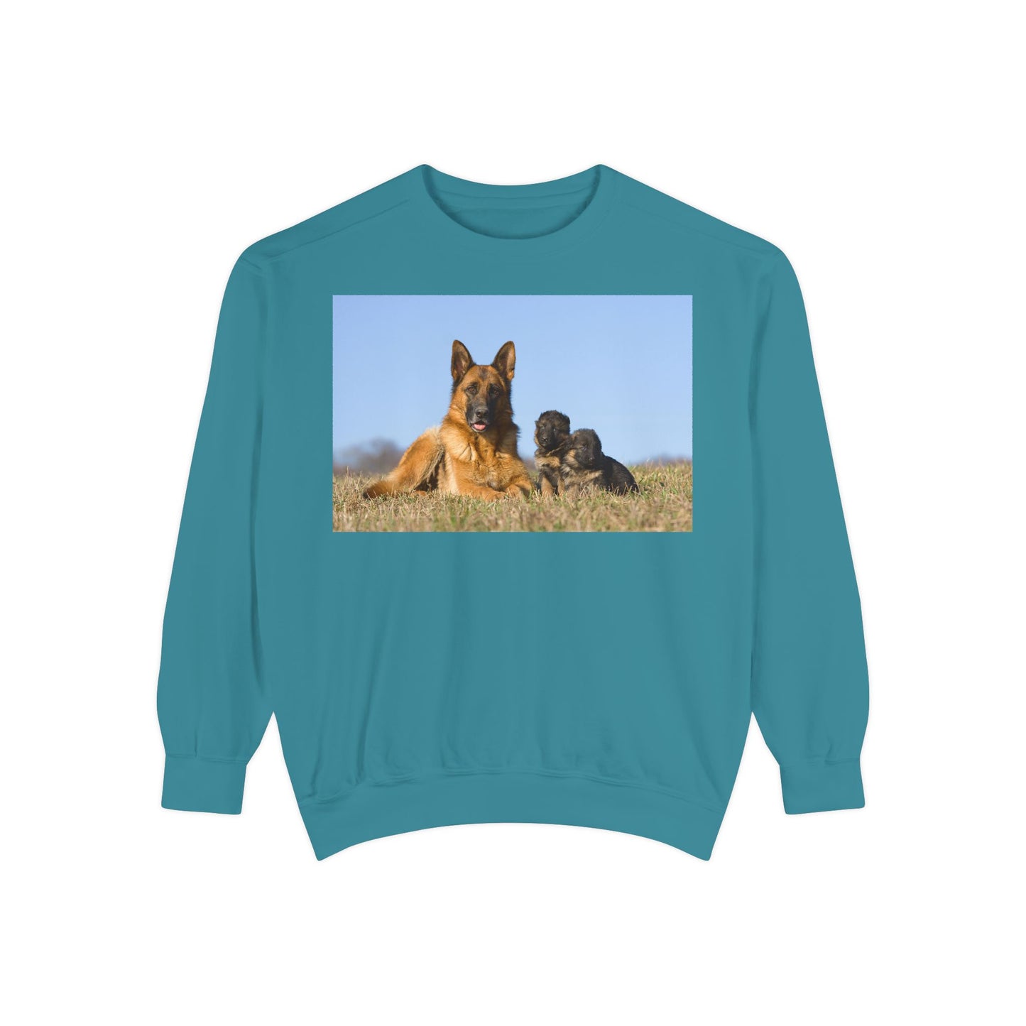 Unisex Dog Lover Sweatshirt With a German Shepherd Lying on the Grass With Two Puppies