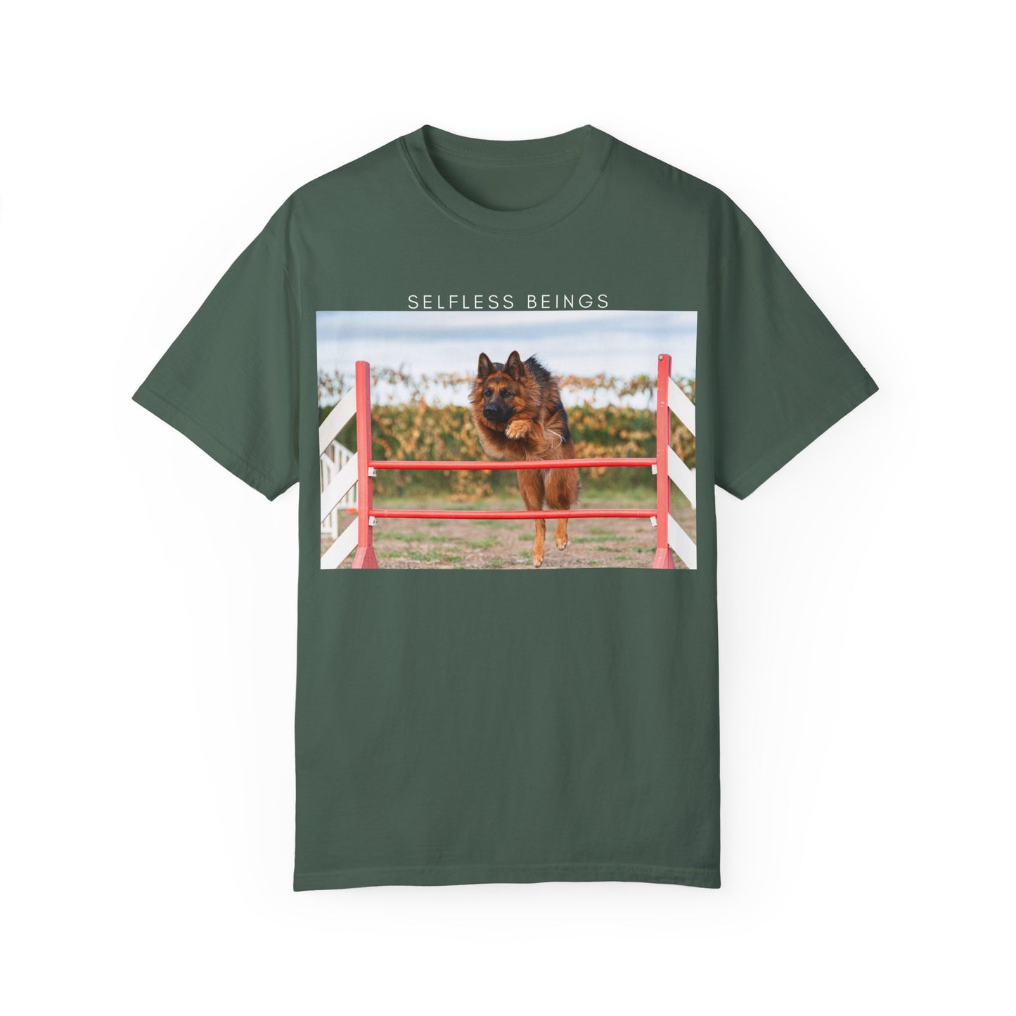 Unisex Dog Lover T-Shirt With a German Shepherd Jumping an Agility Fence Outdoor and Caption Selfless Beings