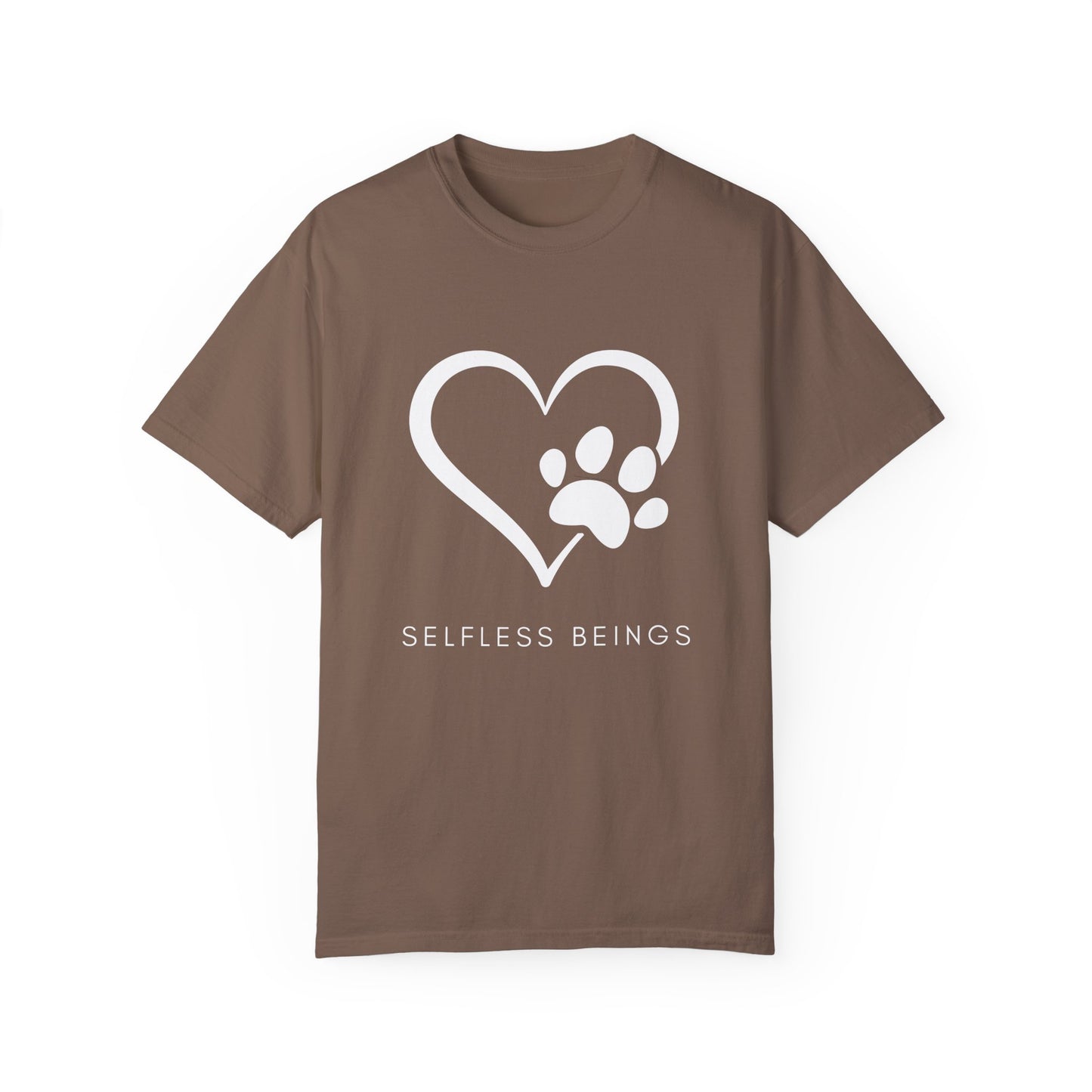 Unisex Dog Lover T-Shirt With Graphic of Heart Whose Right Side Contains Dog Paw's Print and Caption Selfless Beings