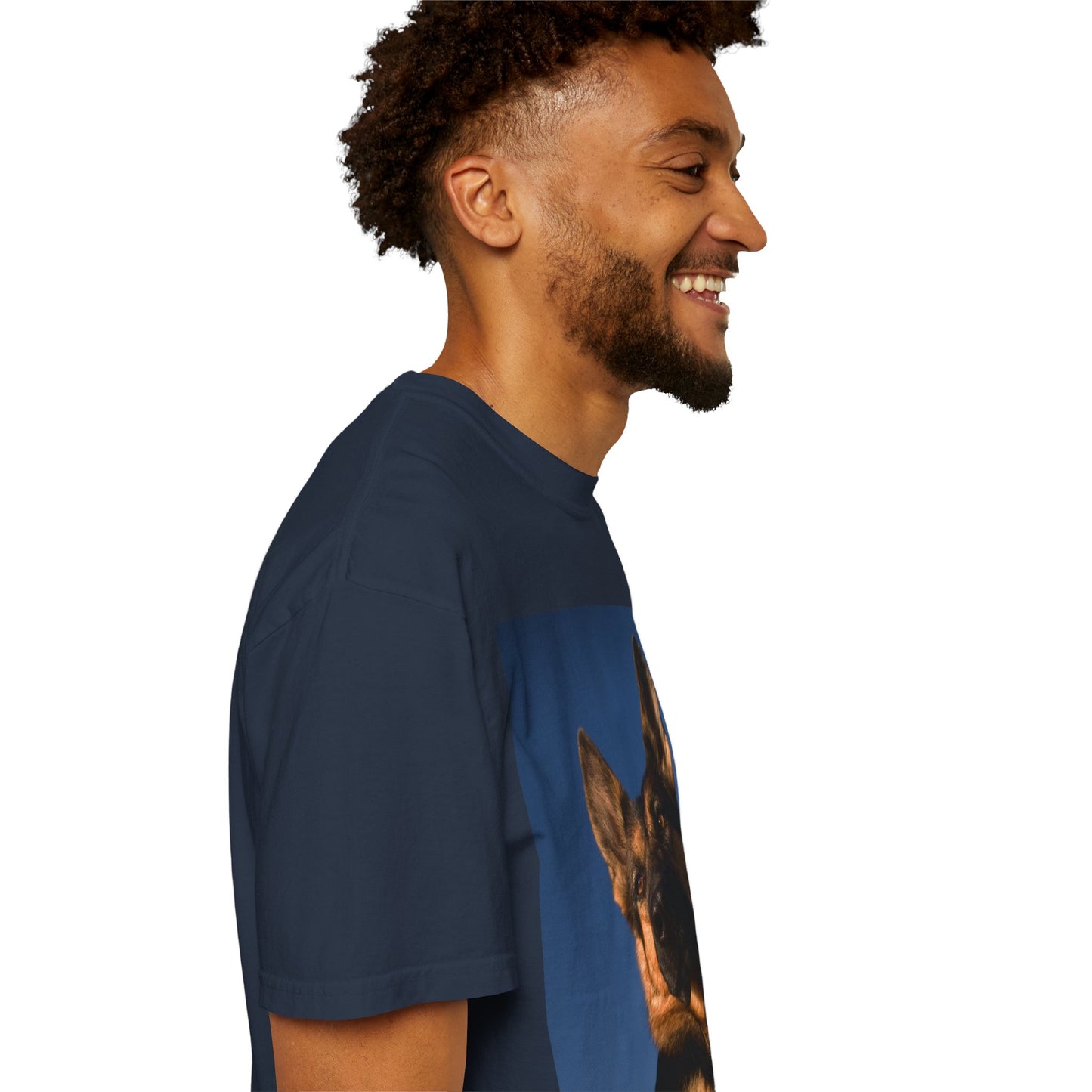 Unisex Dog Lover T-shirt With Close Up Portrait of Giant German Shepherd Turning His Head and Caption Selfless Beings
