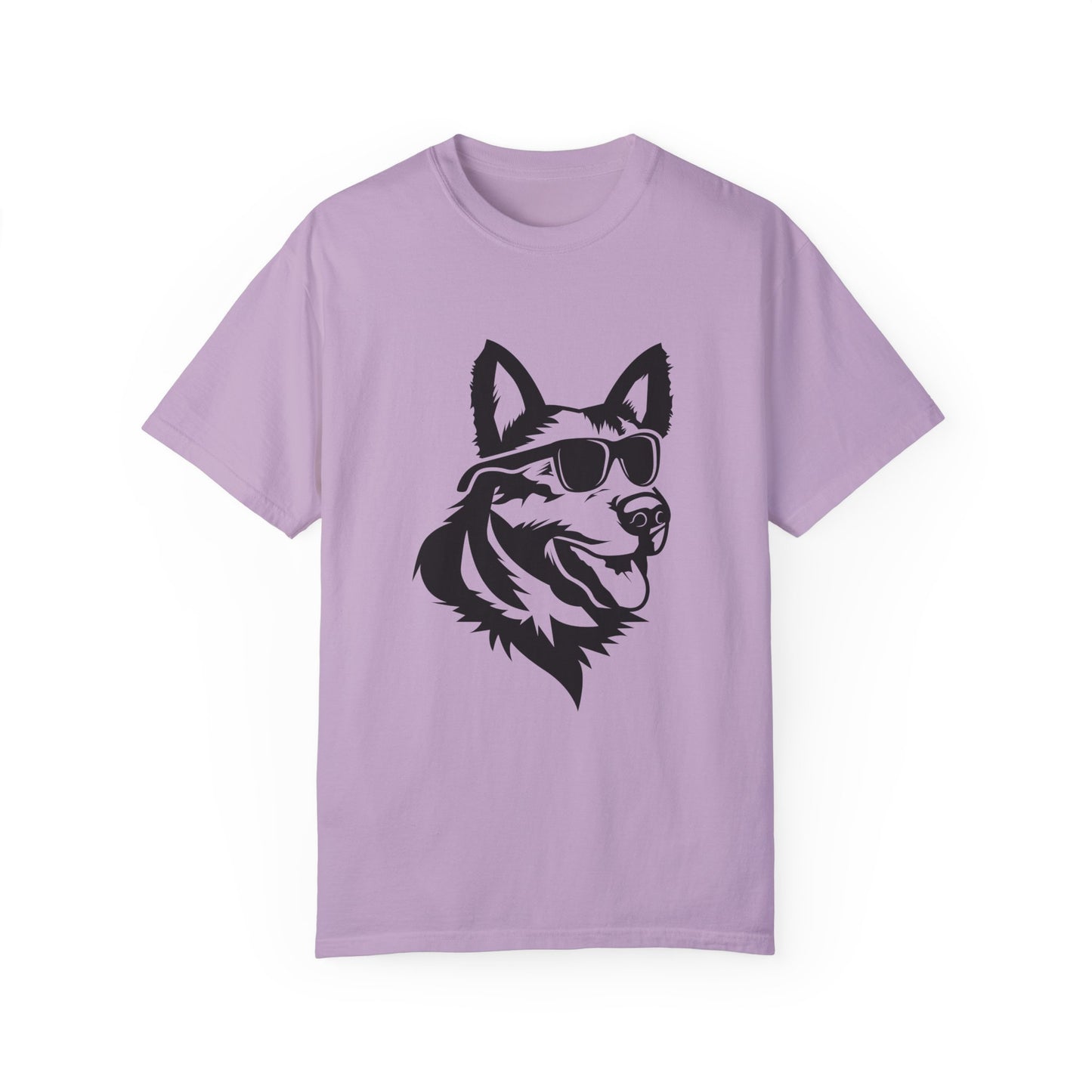 Unisex Dog Lover T-Shirt With a Graphic of Close Up Faced German Shepherd Wearing Black Glasses