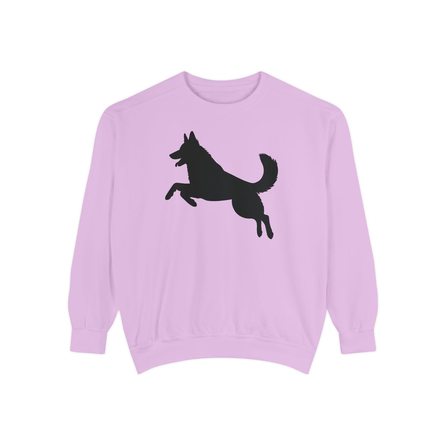 Unisex Dog Lover Sweatshirt With a Graphic of Solid Black German Shepherd Jumping in the Air