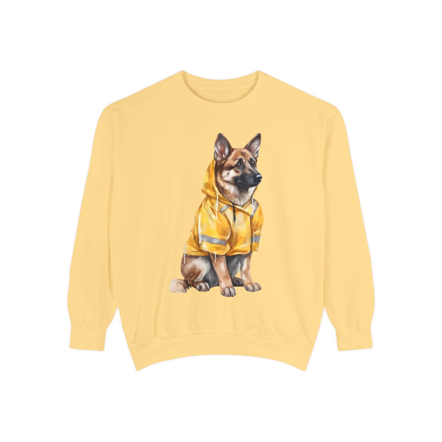 Unisex Dog Lover Sweatshirt With a Graphic of German Shepherd Wearing a Yellow Rain Coat