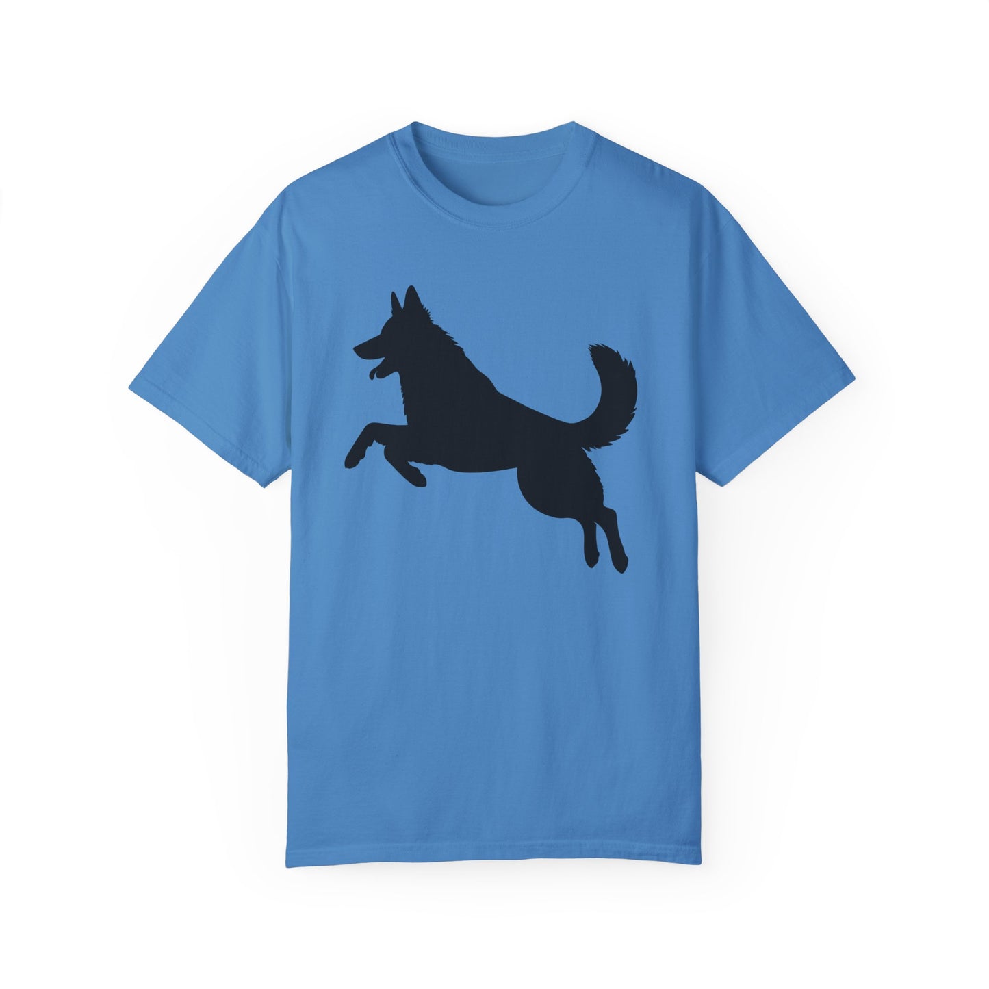 Unisex Dog Lover T-Shirt With a Graphic of Solid Black German Shepherd Jumping in the Air