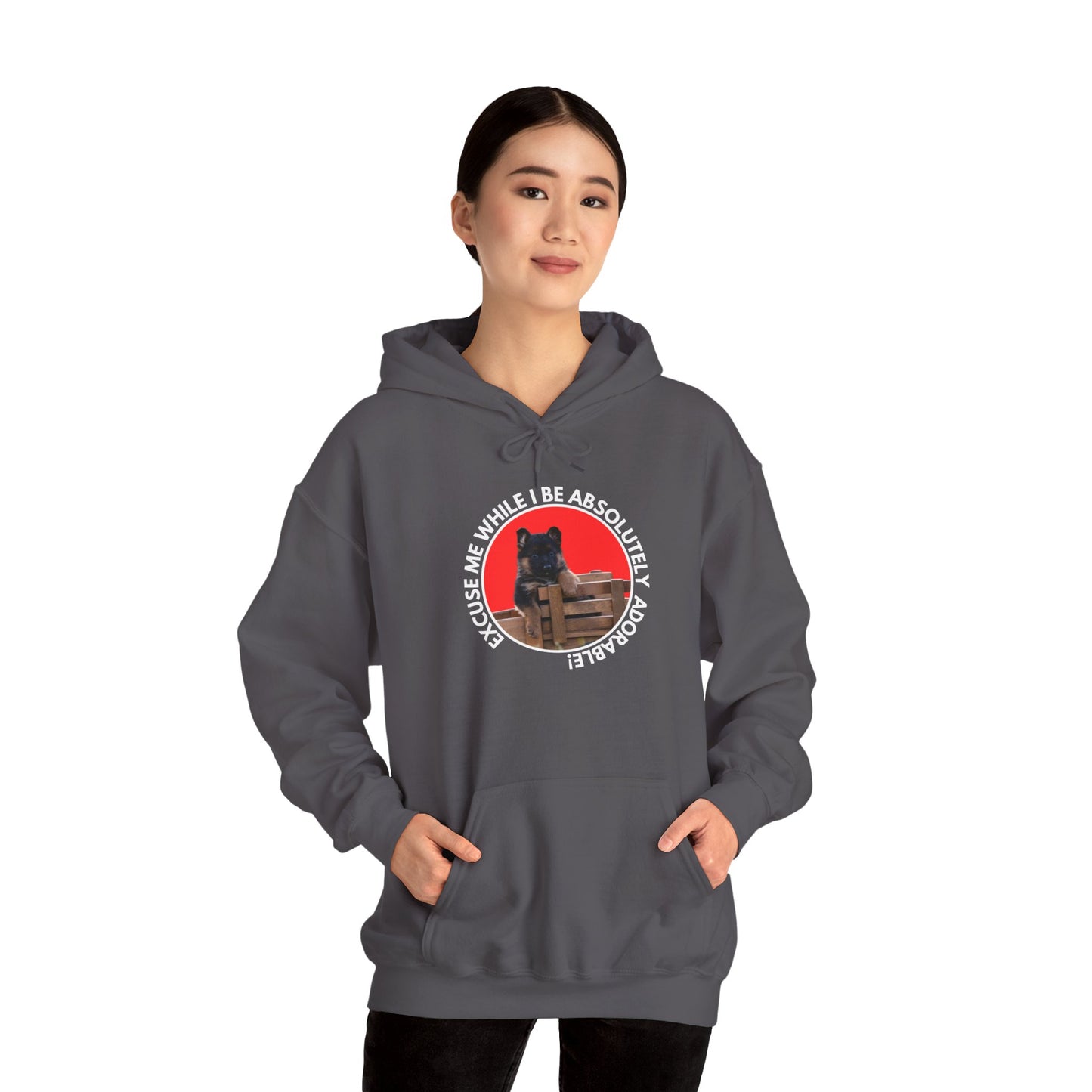 Unisex Dog Lover Hoodie With German Shepherd Puppy Sitting on the Toy Wooden Tractor and Caption Excuse Me While I Be Absolutely Adorable
