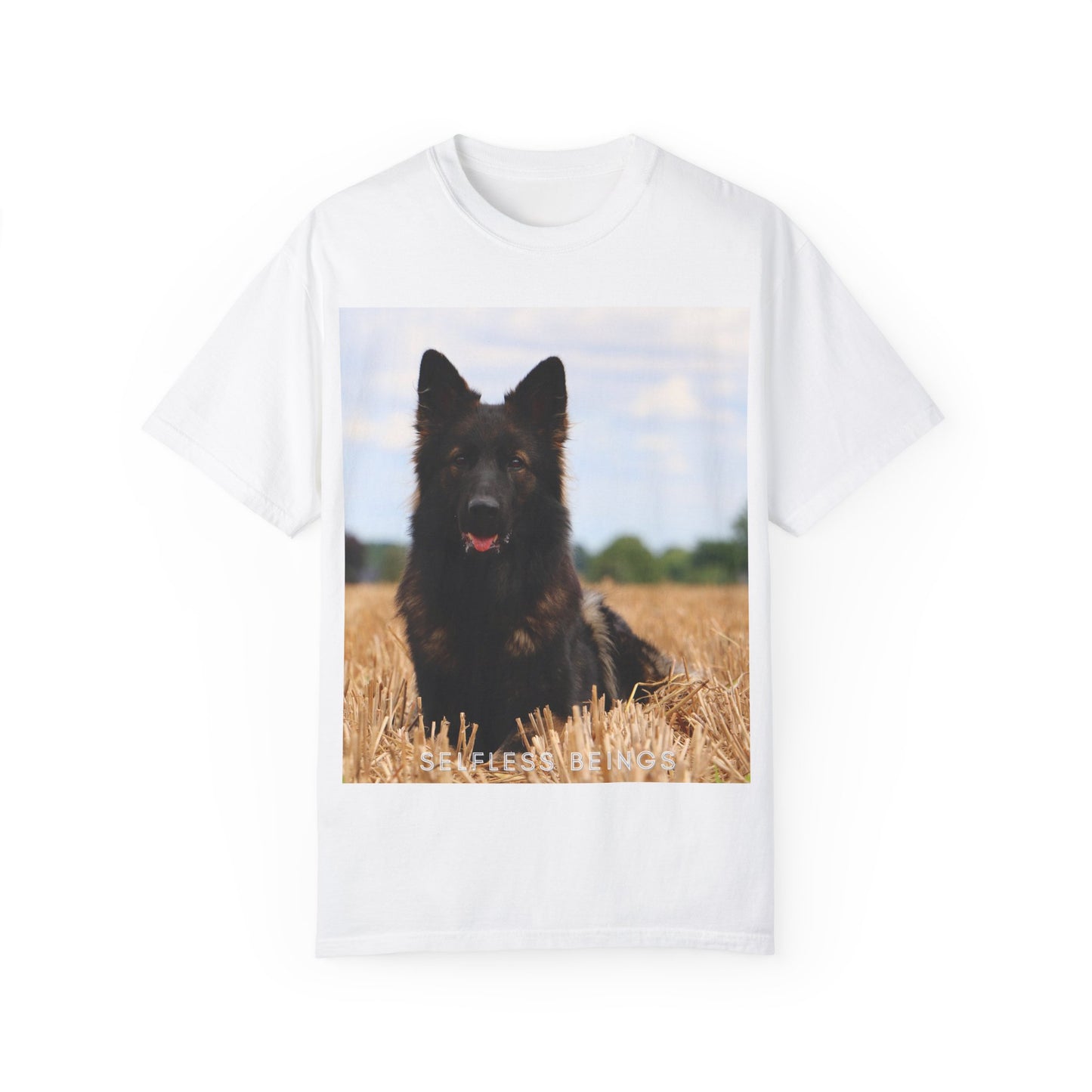 Unisex Dog Lover T-Shirt With Beautiful German Shepherd Sitting Over a Stover and Caption Selfless Beings