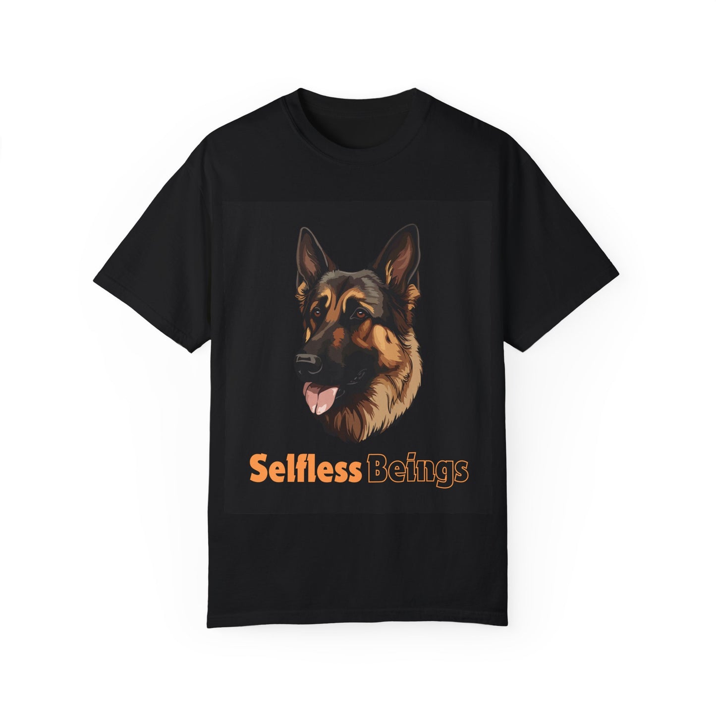 Unisex Dog Lover T-Shirt With Close Up Graphic of German Shepherd and Caption Selfless Beings is Written with Text Effect in Light Orange