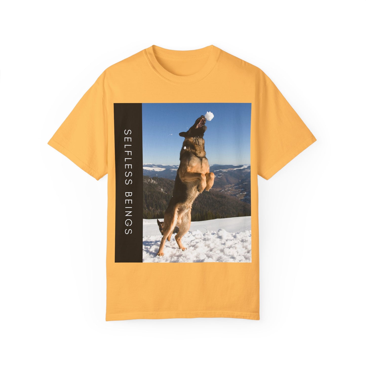 Unisex Dog Lover T-Shirt With a German Shepherd Jumps Upward to Catch a Small Snowball With Mouth and Caption Selfless Beings
