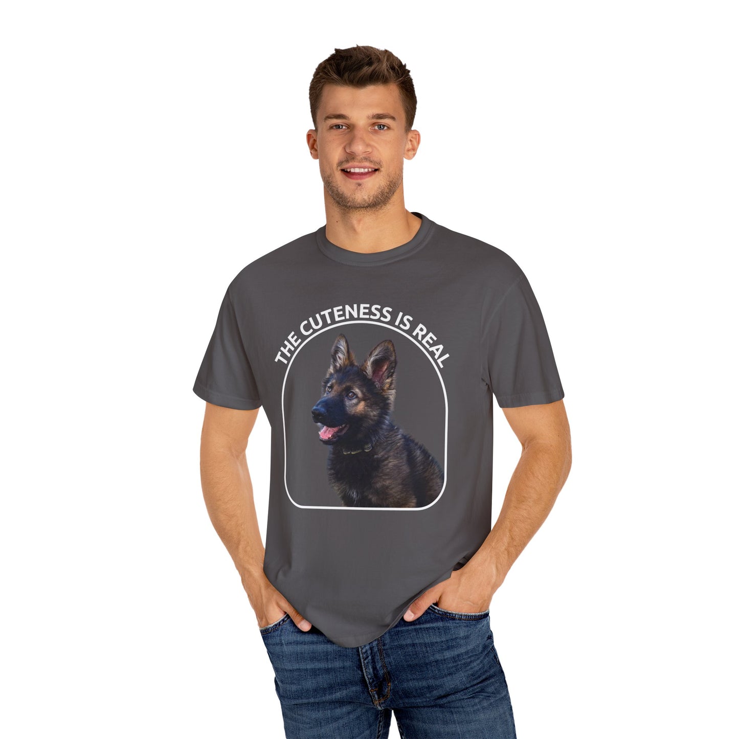 Unisex Dog Lover's T-Shirt With German Shepherd Puppy Sloppily Sitting and Caption The Cuteness Is Real