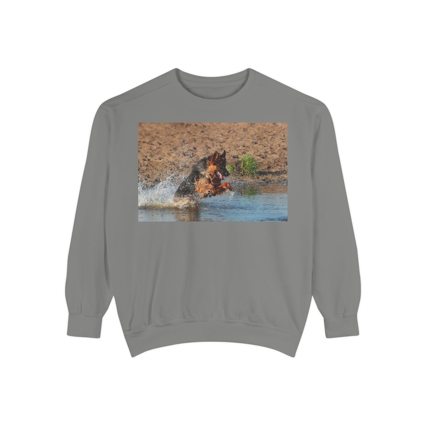 Unisex Dog Lover Sweatshirt With a Long Coat German Shepherd Jumps in the River