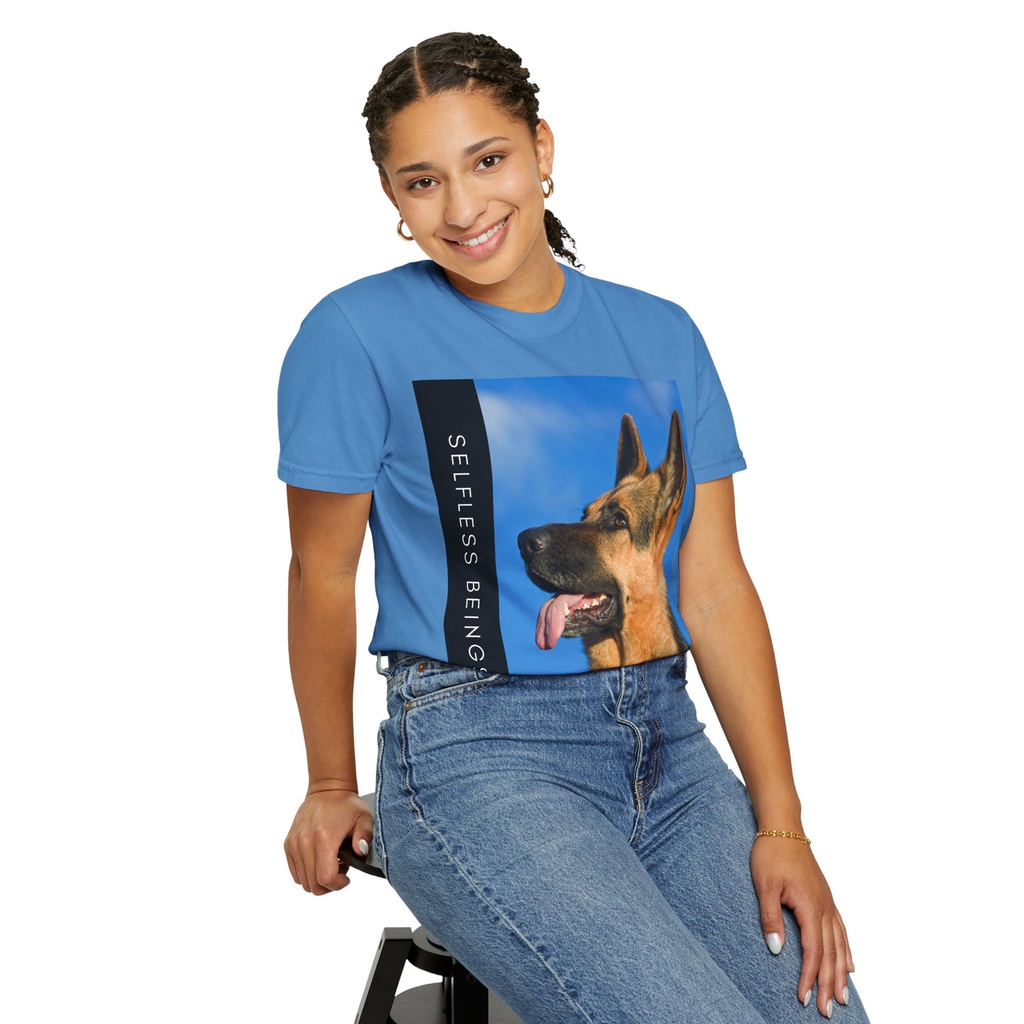 Unisex Dog Lover T-Shirt With Close Up of German Shepherd, Blue Sky in Background and Caption Selfless Beings