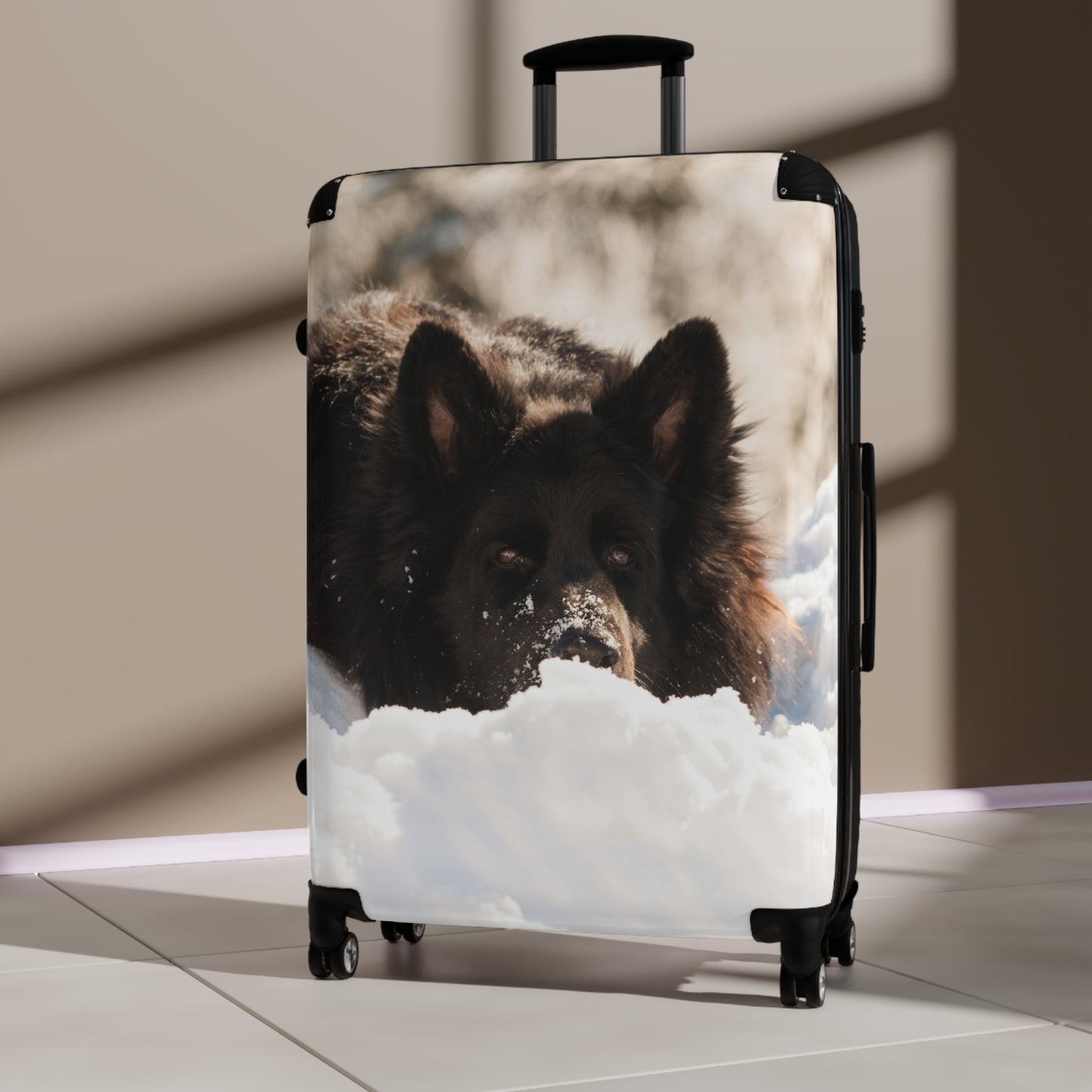 Winter Wonderland Dog Suitcase - A Giant Black German Shepherd Resting on the Snow