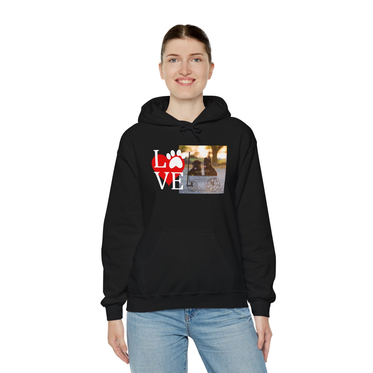 Unisex Dog Lover Hoodie With Two Cute German Shepherd Puppies Sitting on a Cart and Caption Love On Top of Red Heart