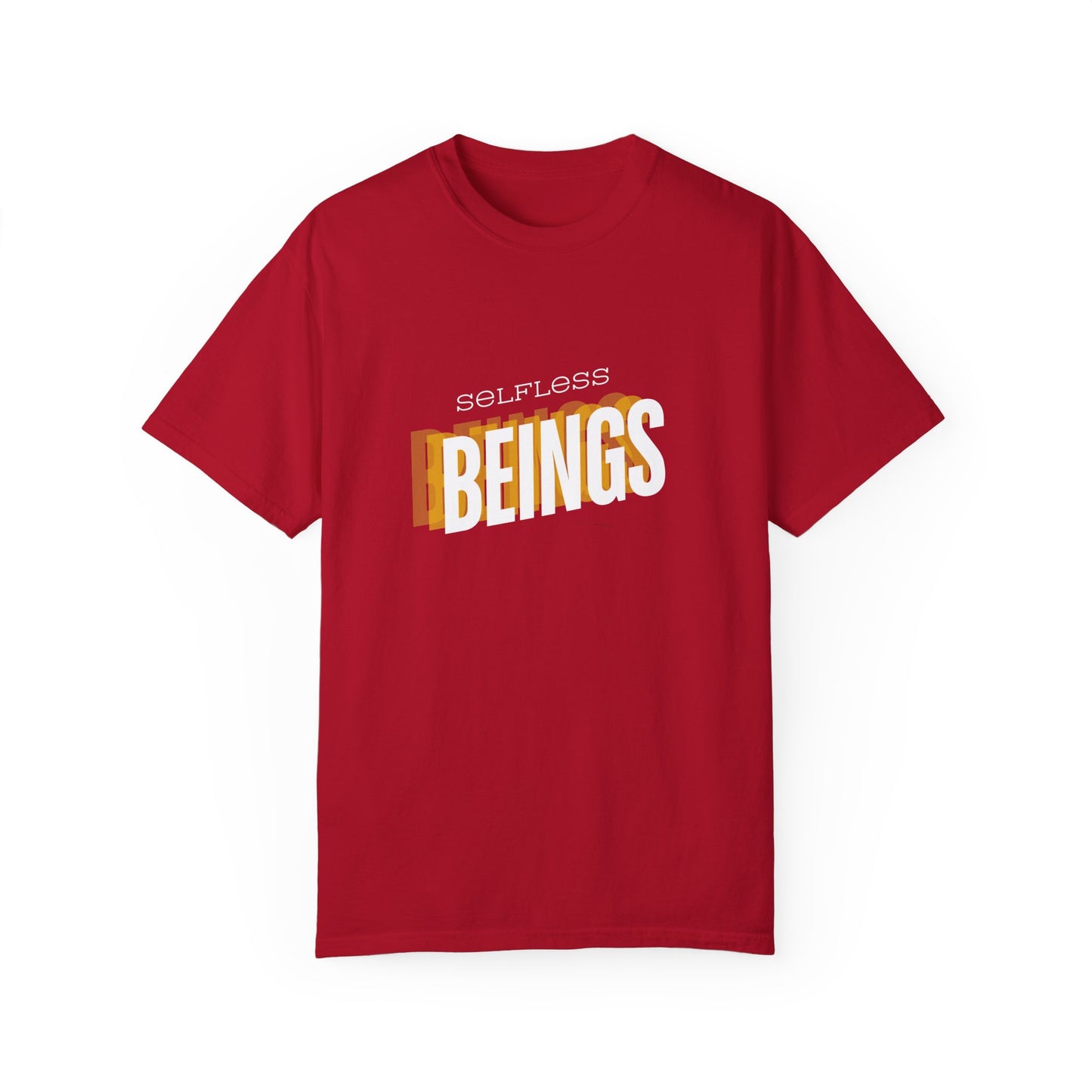 Unisex Dog Lover T-Shirt With Text "Selfless Beings" Designed Using Dark Yellow, Light Yellow and White Colors