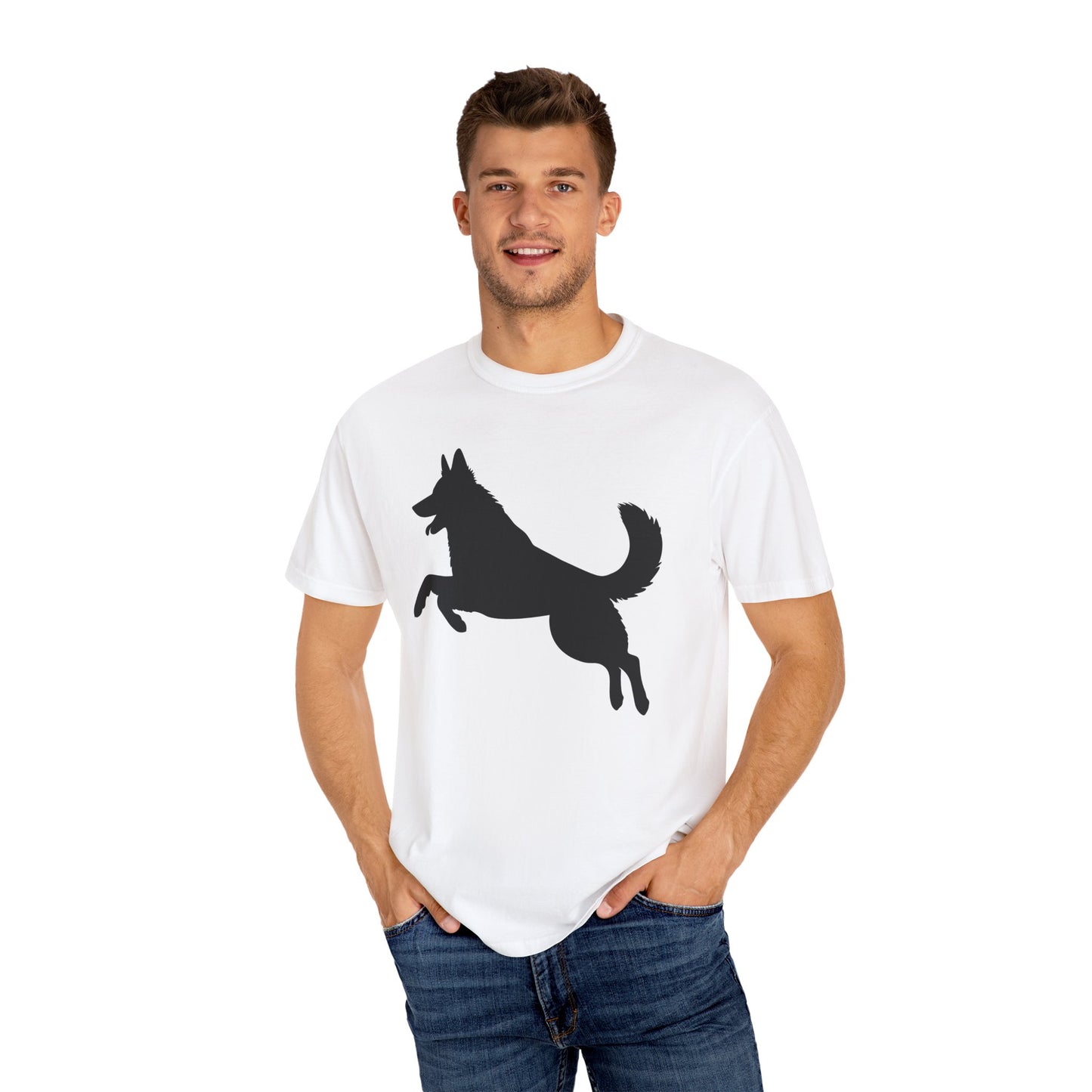 Unisex Dog Lover T-Shirt With a Graphic of Solid Black German Shepherd Jumping in the Air