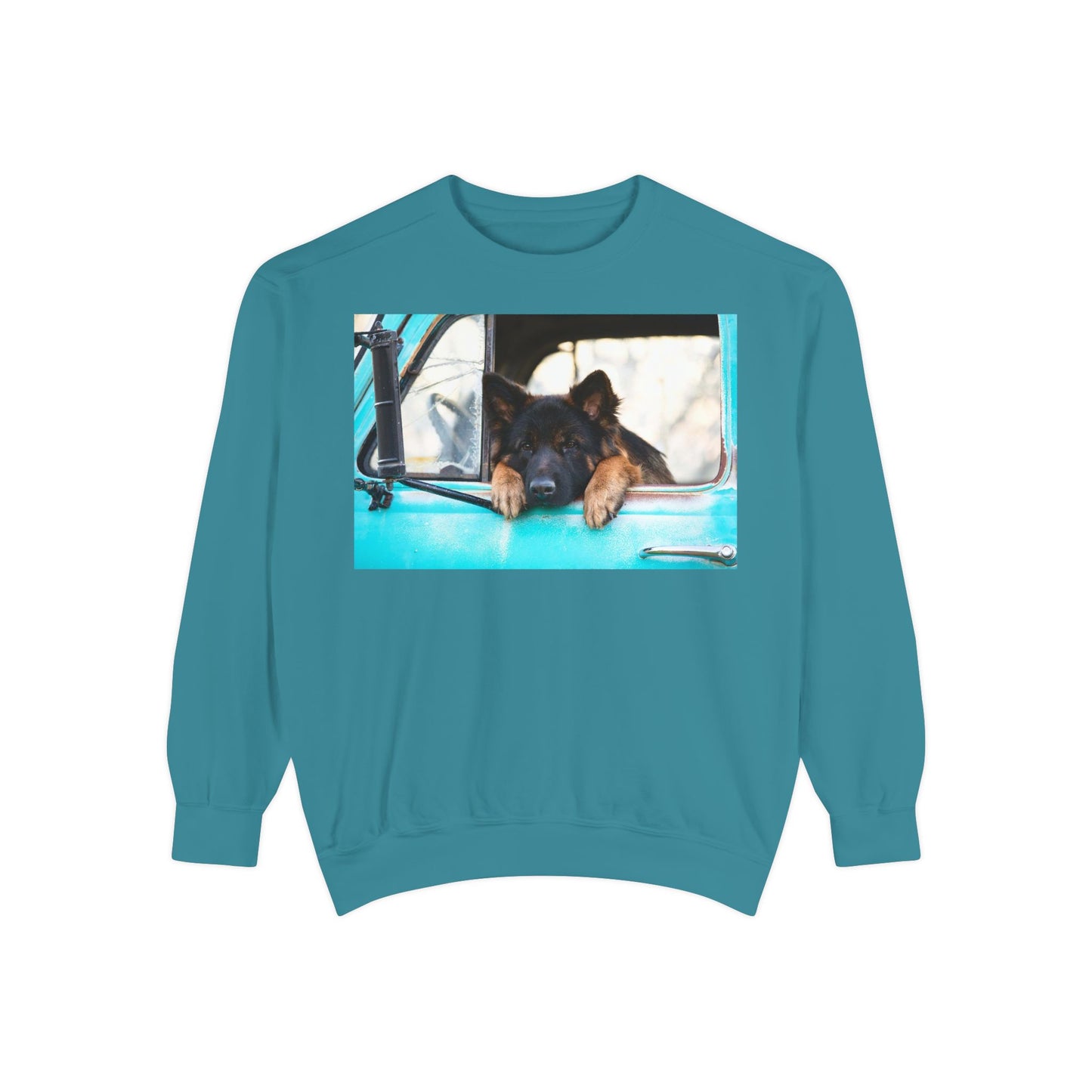 Unisex Dog Lover Sweatshirt With a German Shepherd Puppy Putting His Head and Front Legs On The Truck Seat's Window