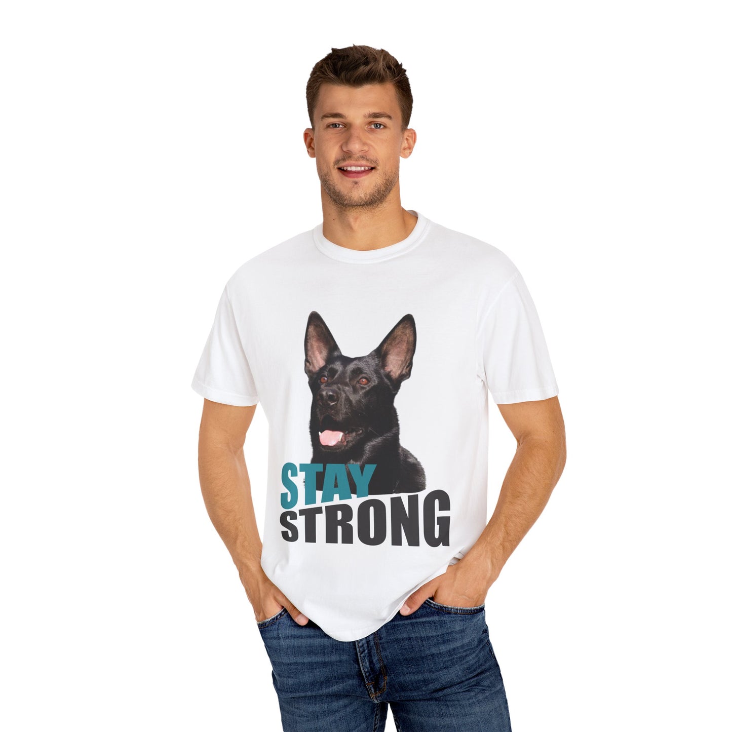 Unisex Dog Lover T-Shirt With Solid Black Working Line German Shepherd Mouth Opened and Caption Stay Strong