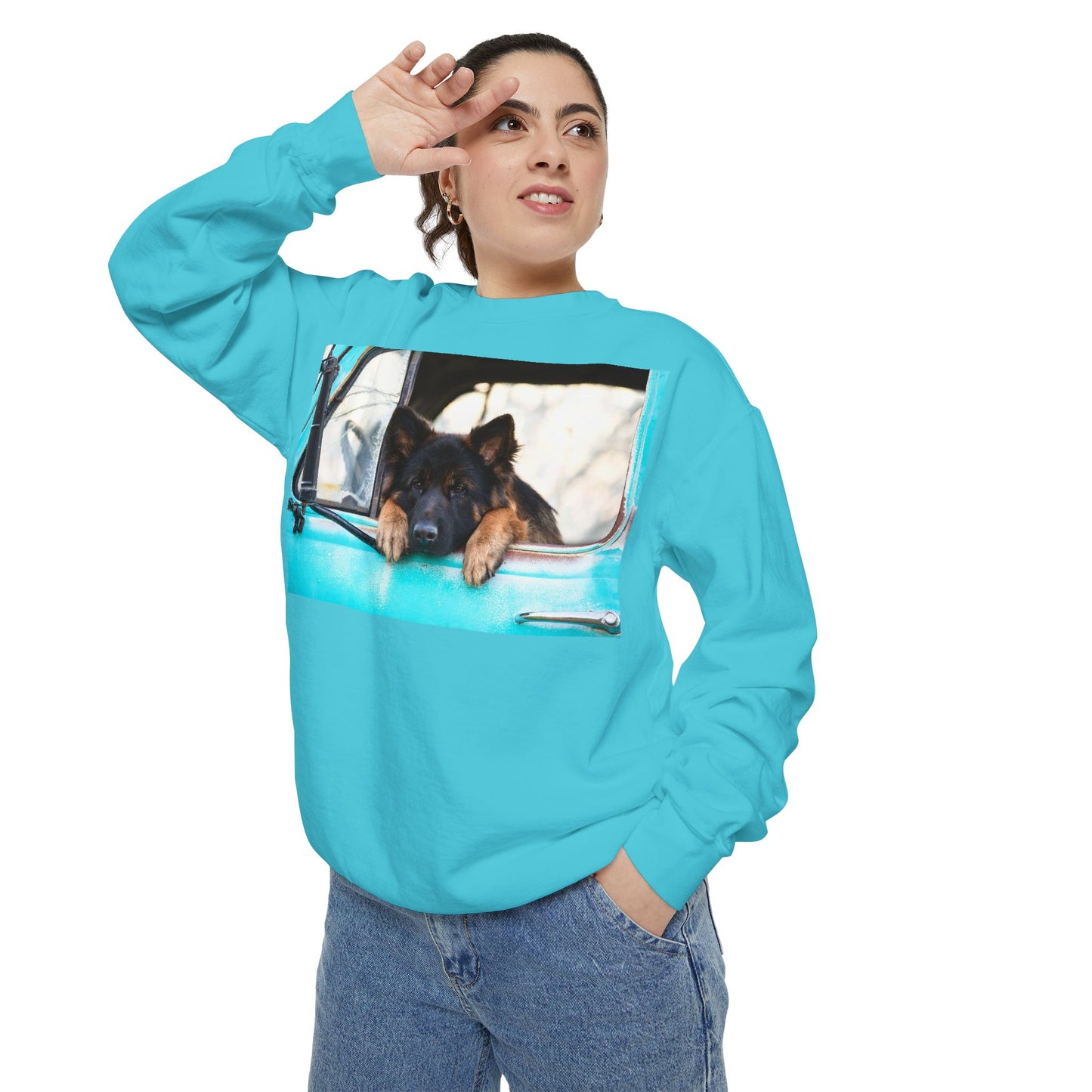 Unisex Dog Lover Sweatshirt With a German Shepherd Puppy Putting His Head and Front Legs On The Truck Seat's Window