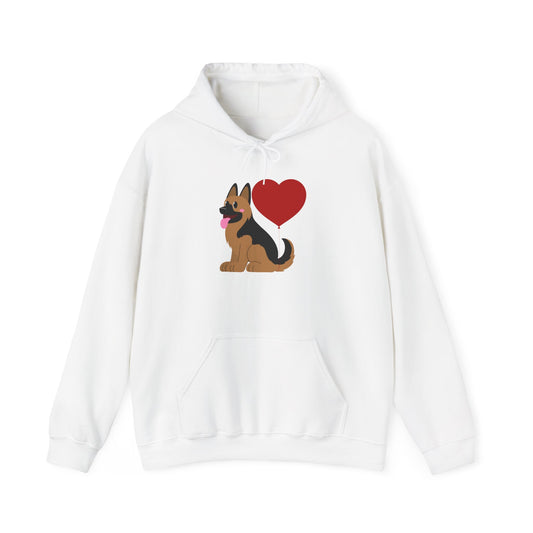Unisex Dog Lover Hoodie With a Graphic of German Shepherd Puppy and Heart Shaped Balloon Attached With Tail