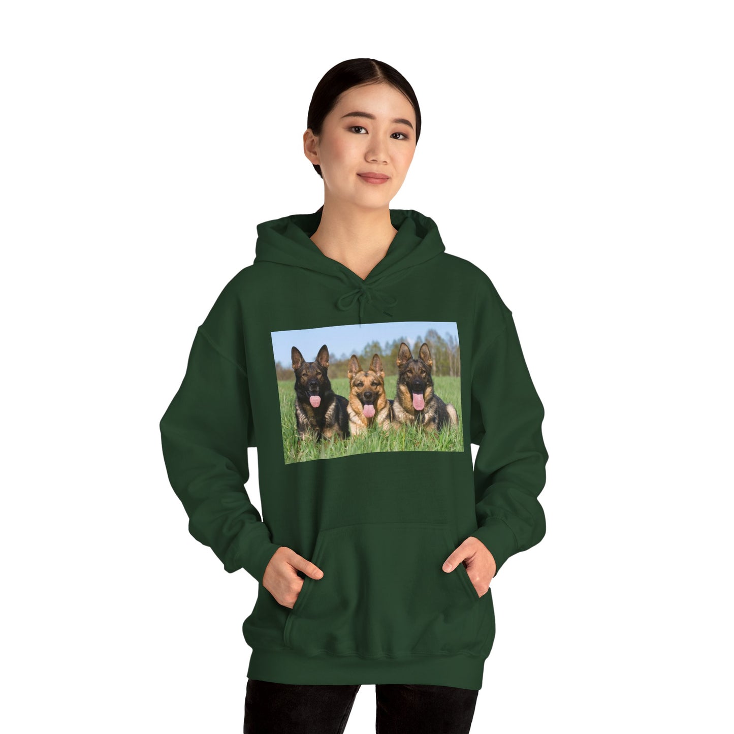 A Dog Lover Hoodie With Three Giant German Shepherds Lying on The Grass Leaving Tongues Out