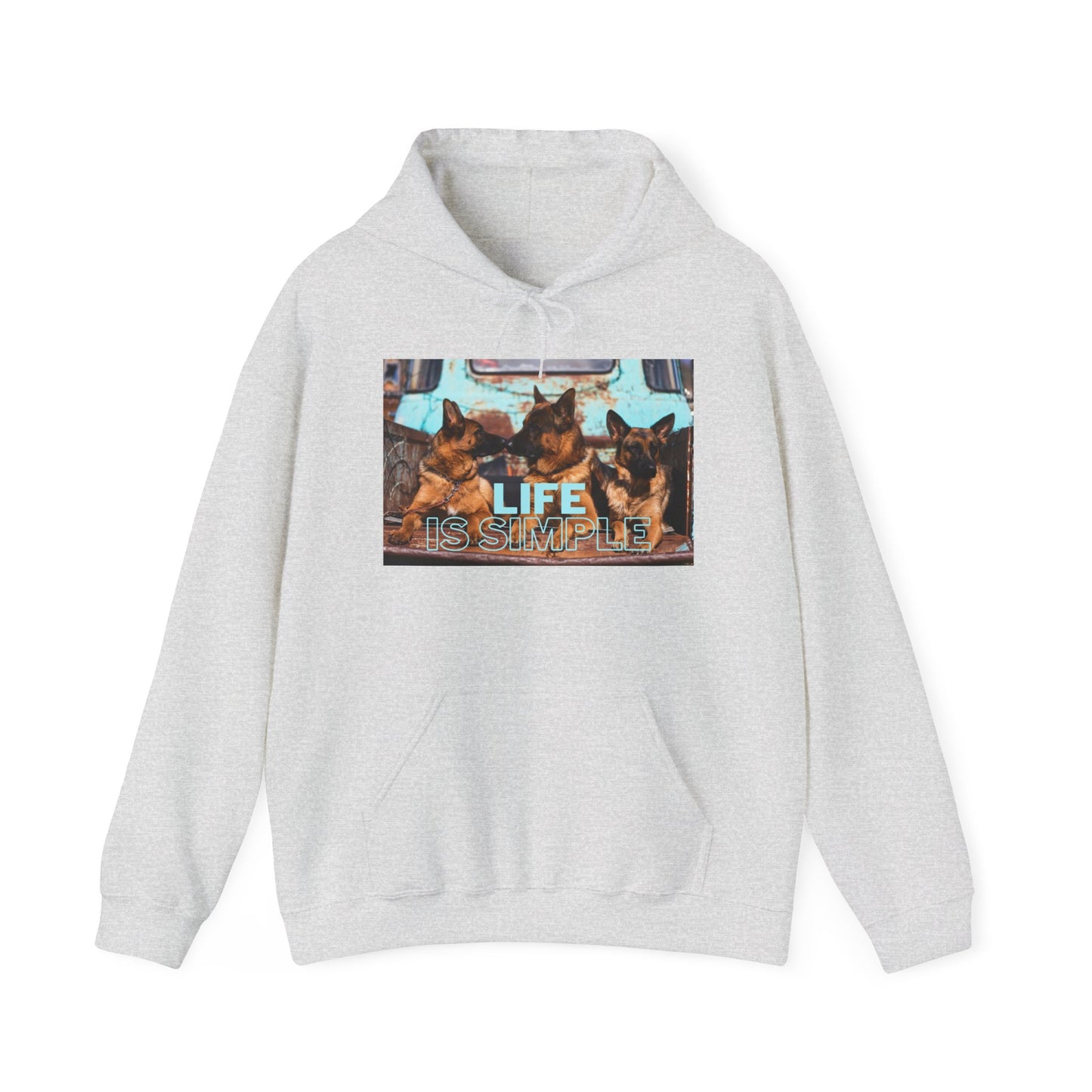 Unisex Dog Lover Hoodie With Three German Shepherds Sitting on the Truck's Cargo Bed and Caption Life is Simple