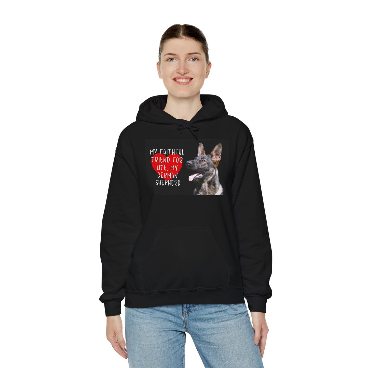 Unisex Dog Lover Hoodie With a Working Line German Shepherd and Caption Faithful Friend on Top of Red Heart