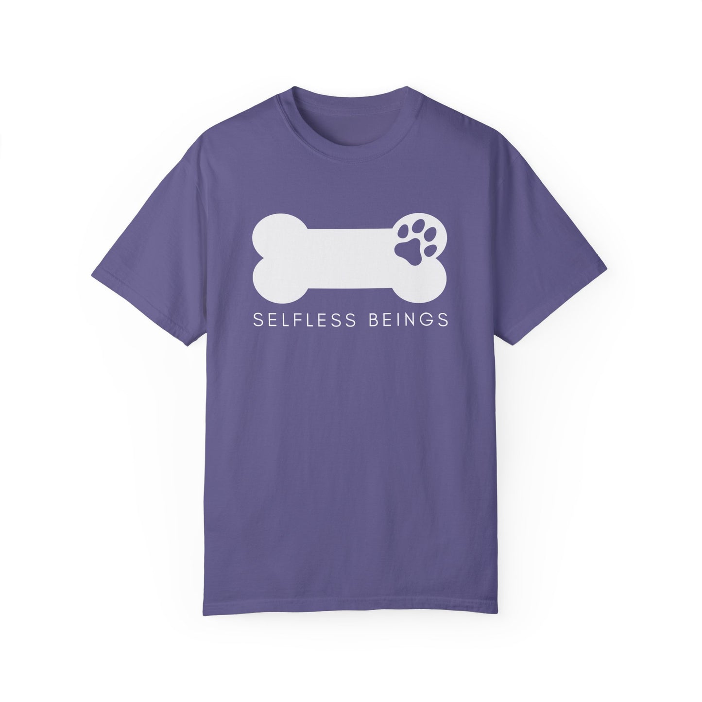 Unisex Dog Lover T-Shirt With Dog's Paw Print Inside a Bone and Caption Selfless Beings
